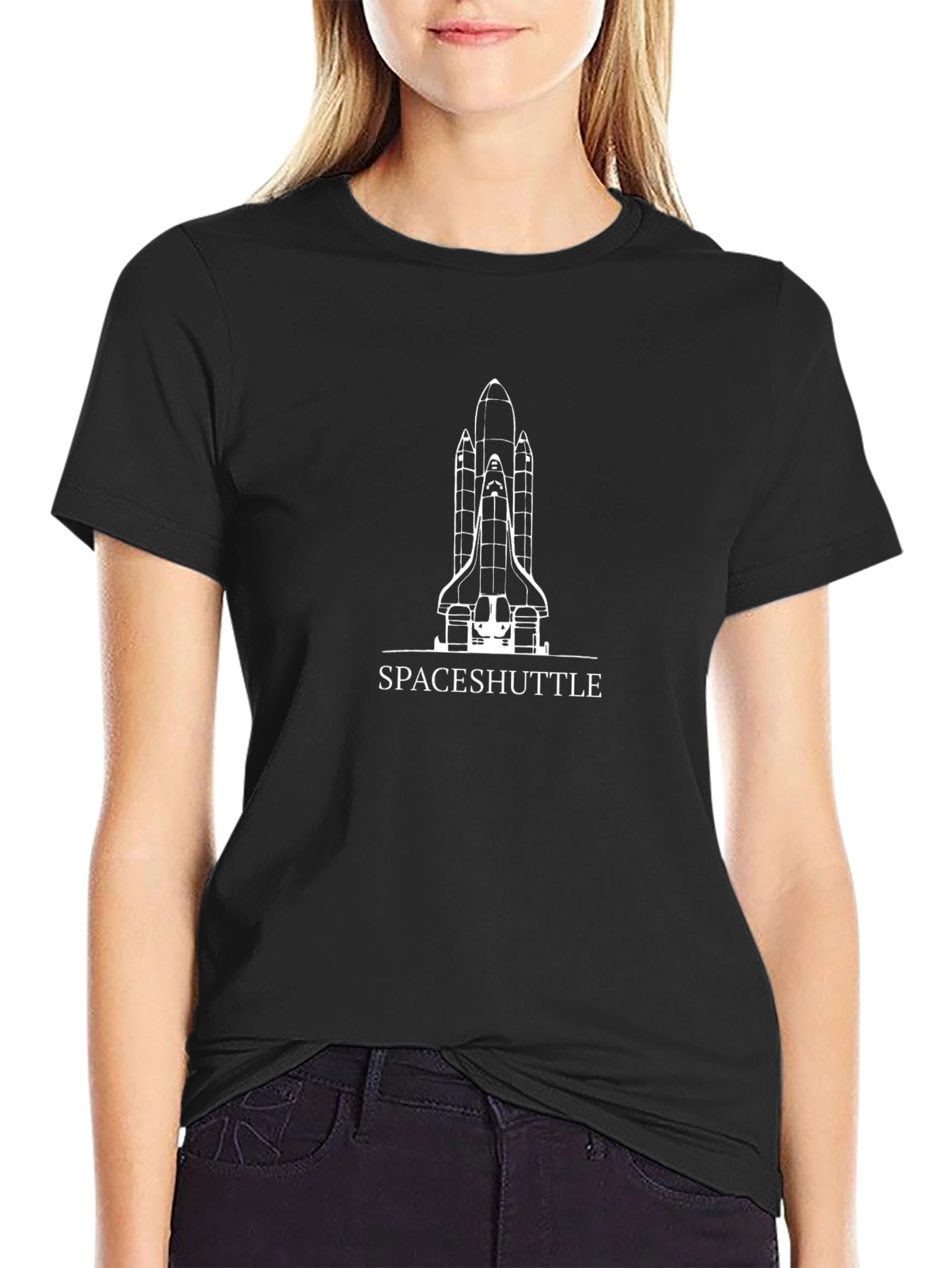 Space Shuttle Graphic Print Black T-Shirt
