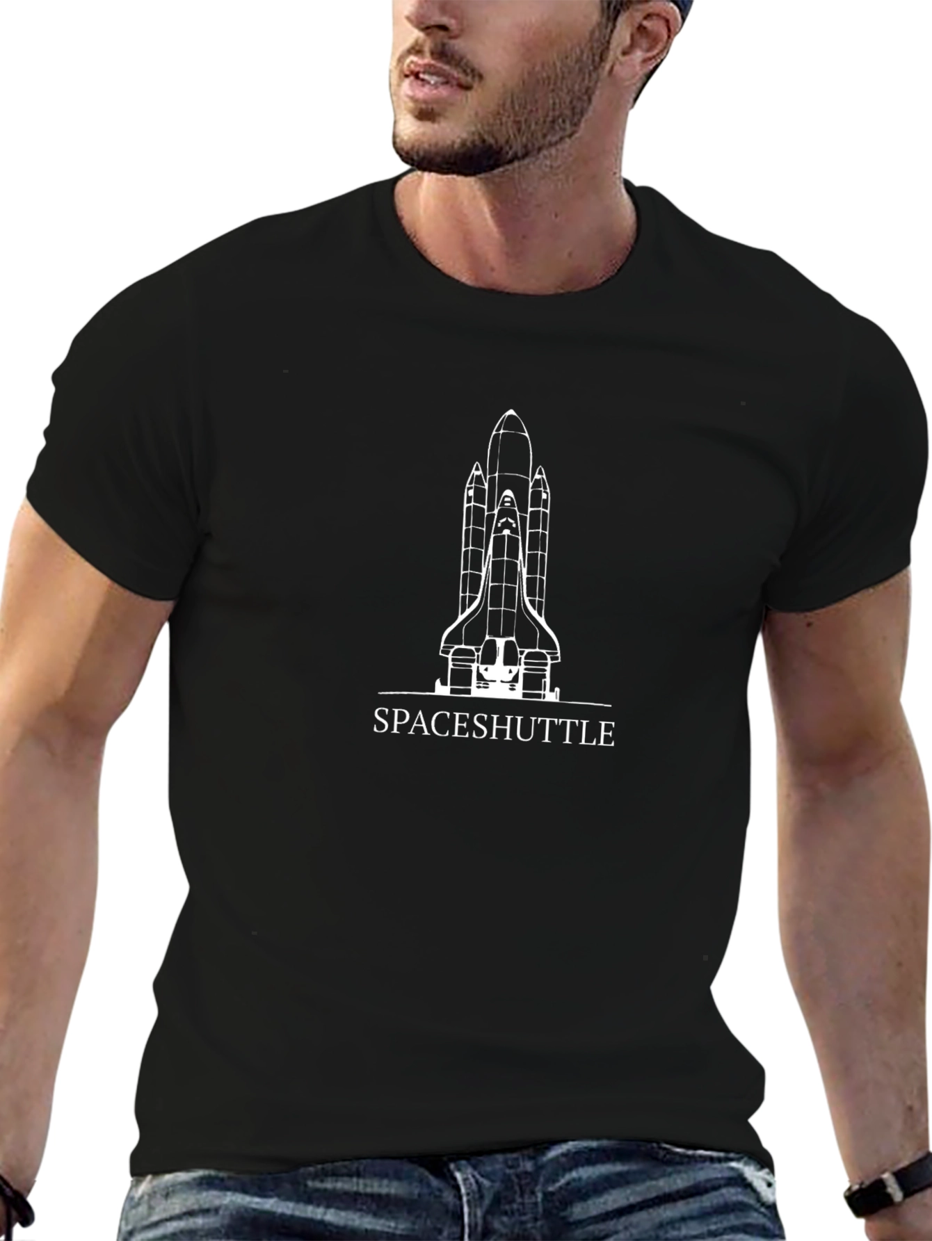 Space Shuttle Graphic Print Black T-Shirt