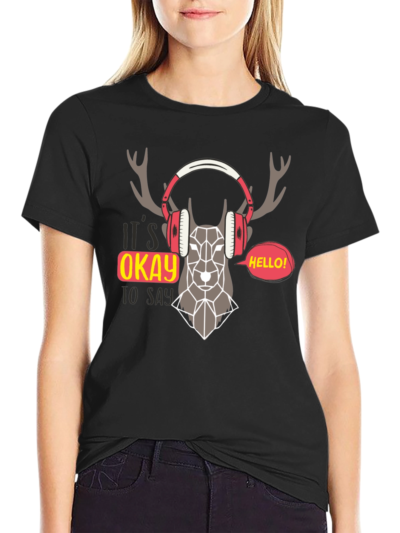Geometric Deer Headphone Graphic T-Shirt