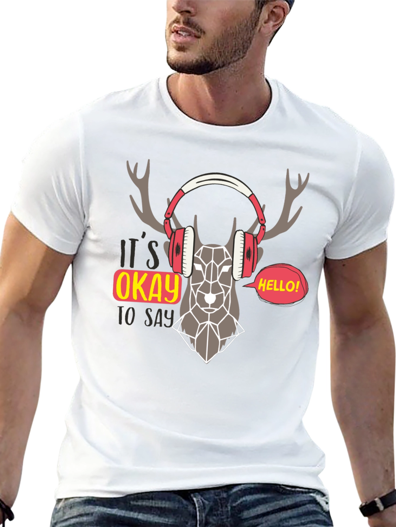 Geometric Deer Headphone Graphic T-Shirt