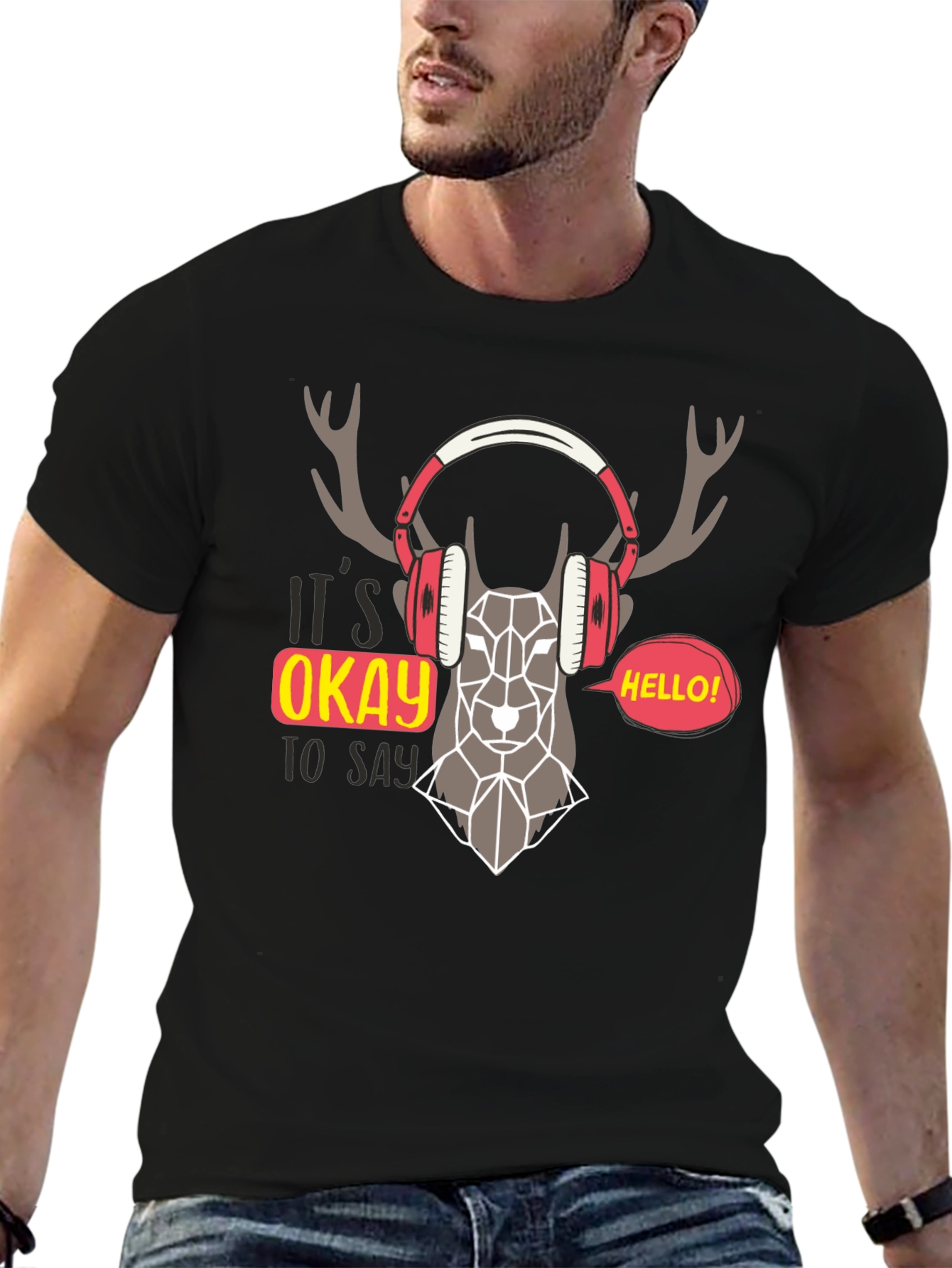 Geometric Deer Headphone Graphic T-Shirt