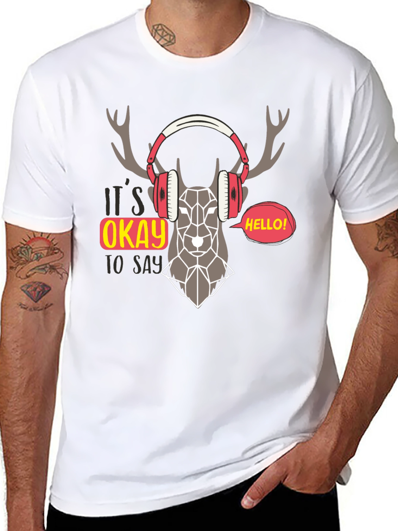 Geometric Deer Headphone Graphic T-Shirt