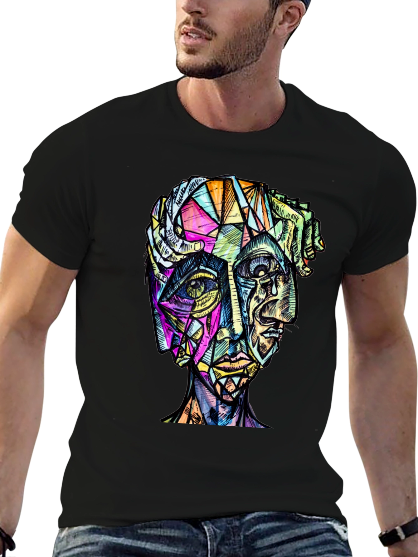 Abstract Geometric Face Graphic Tee - Modern Art Shirt