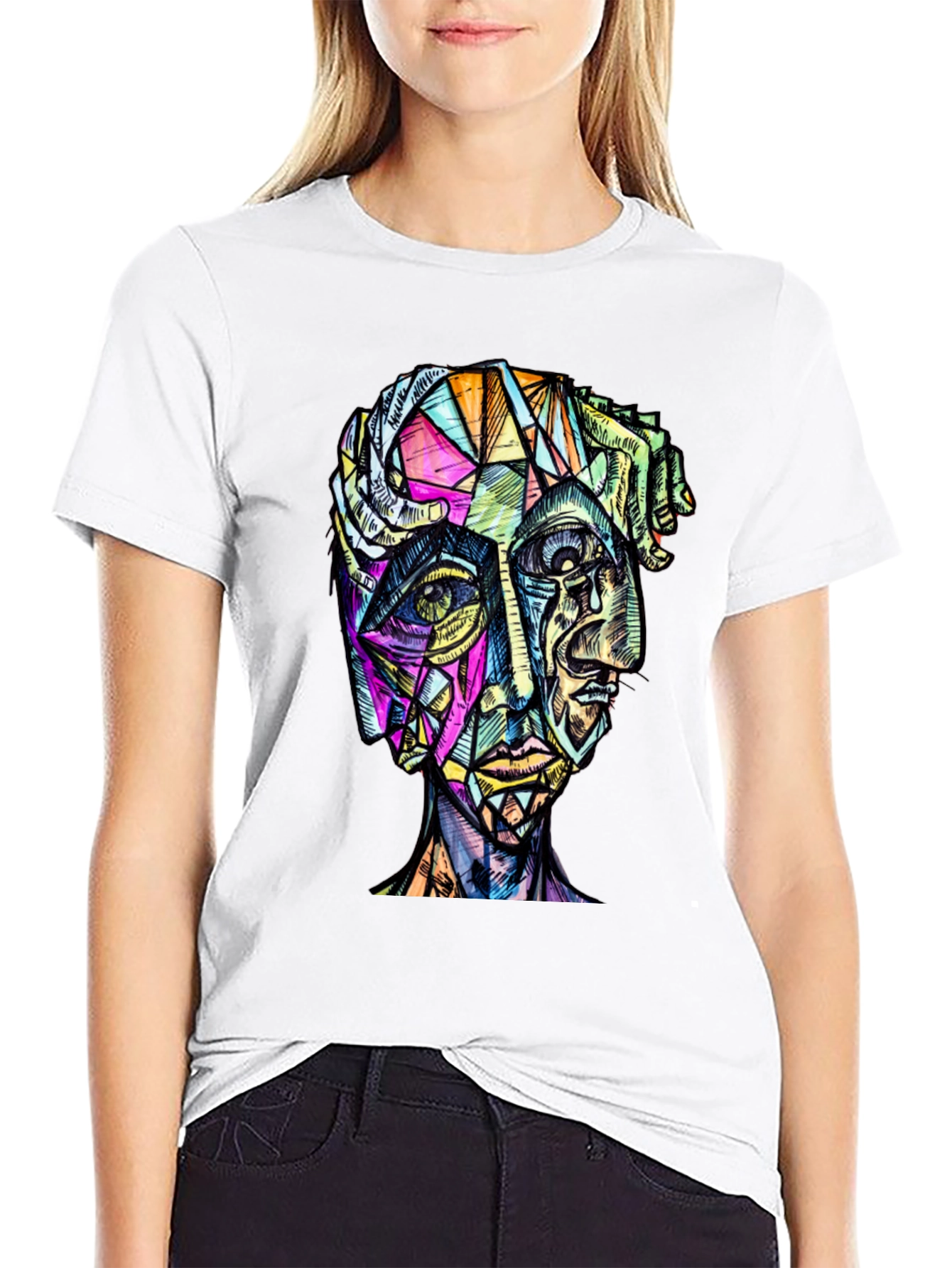 Abstract Geometric Face Graphic Tee - Modern Art Shirt