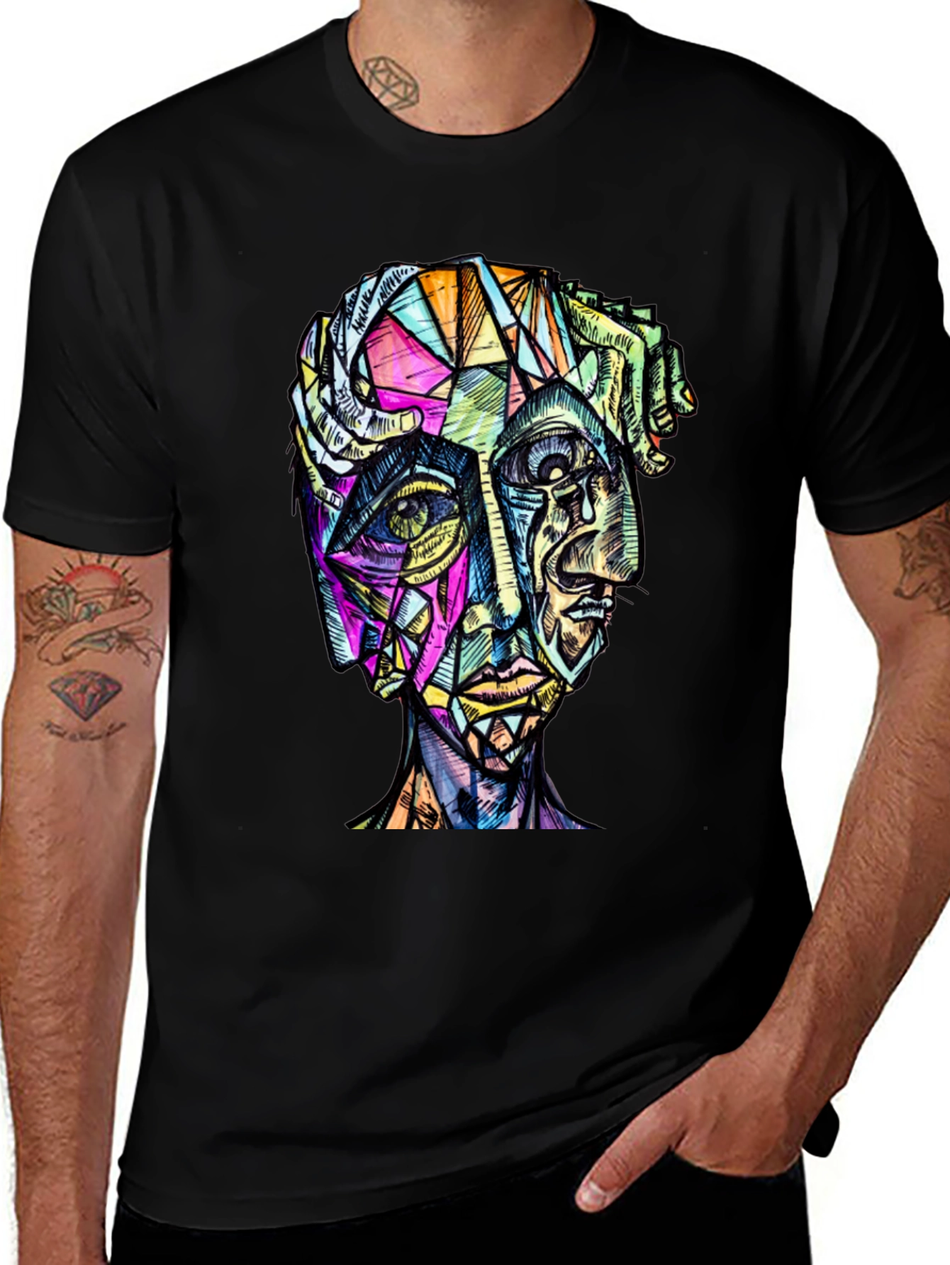 Abstract Geometric Face Graphic Tee - Modern Art Shirt