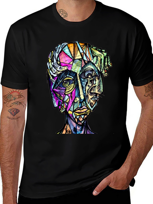 Abstract Geometric Face Graphic Tee - Modern Art Shirt