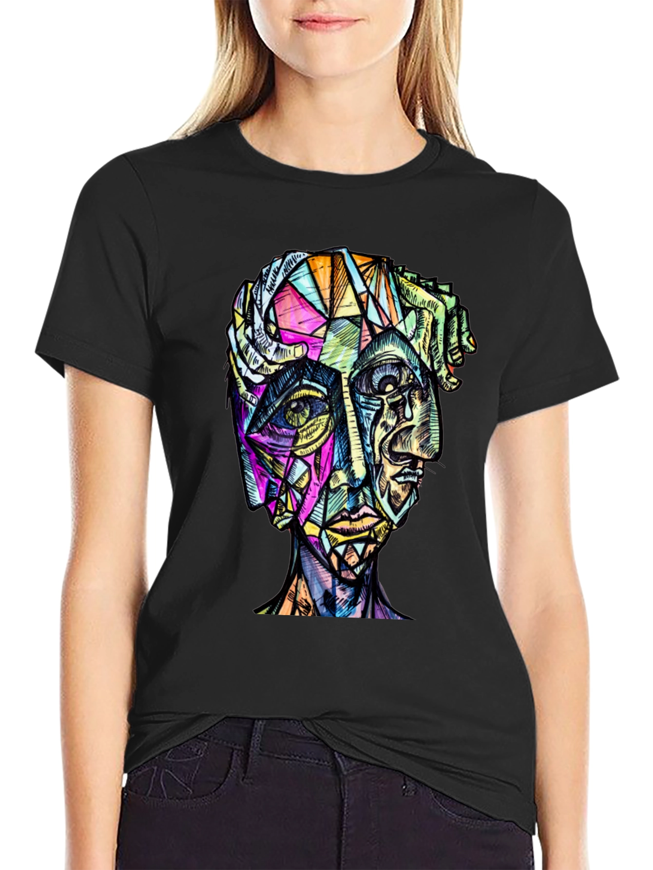 Abstract Geometric Face Graphic Tee - Modern Art Shirt