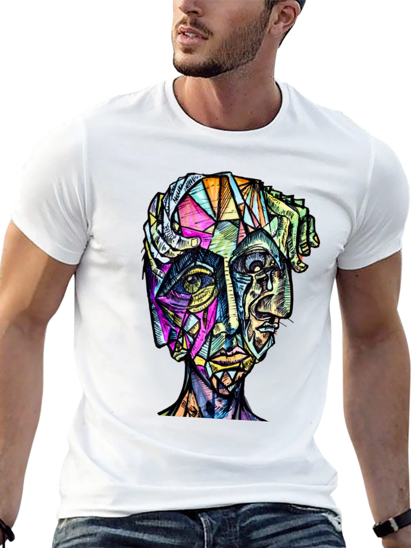 Abstract Geometric Face Graphic Tee - Modern Art Shirt