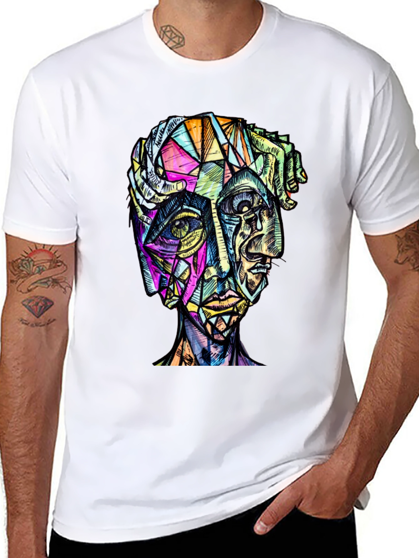 Abstract Geometric Face Graphic Tee - Modern Art Shirt