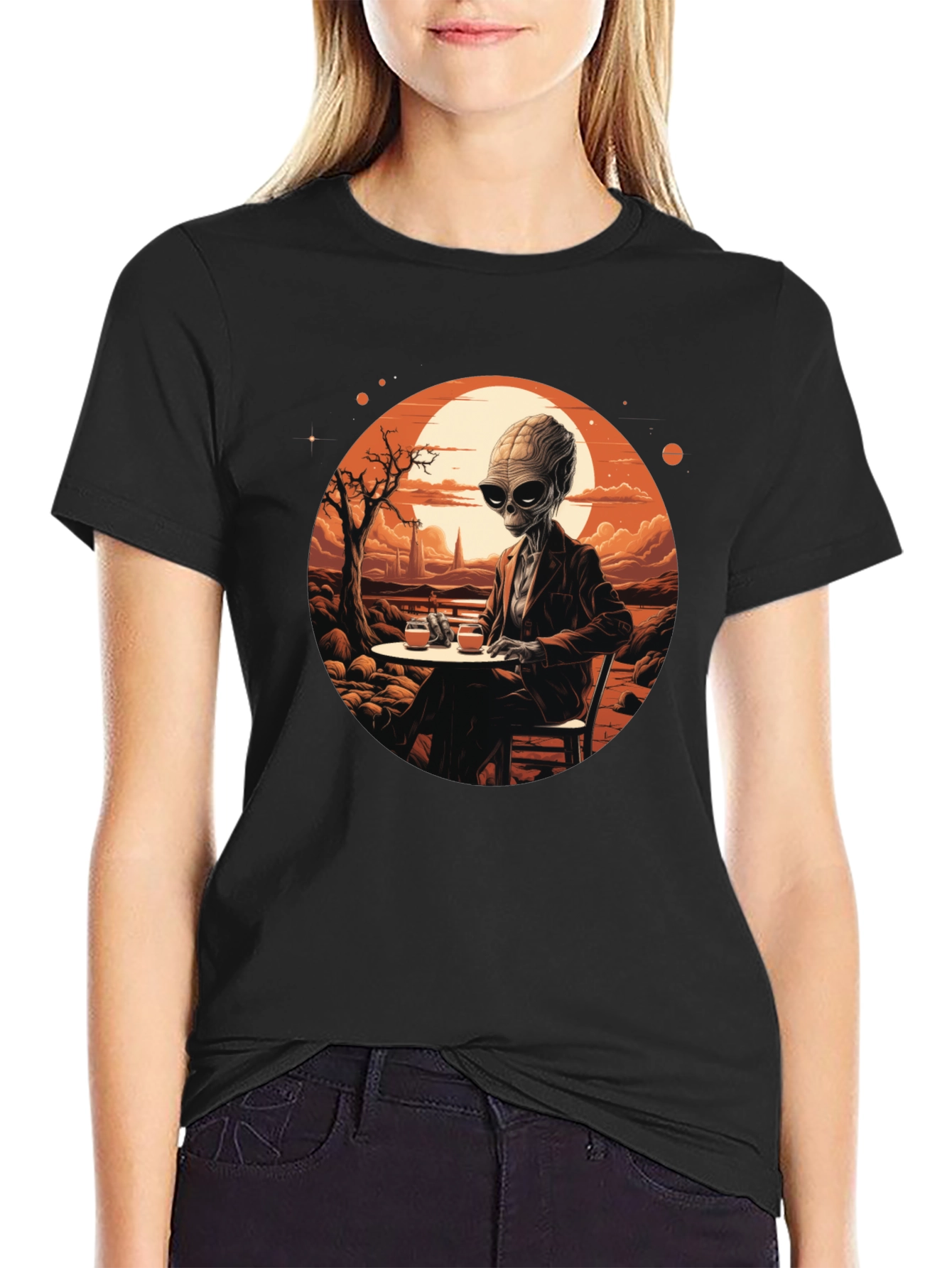 Alien Sipping T-Shirt - Sci-Fi Graphic Tee