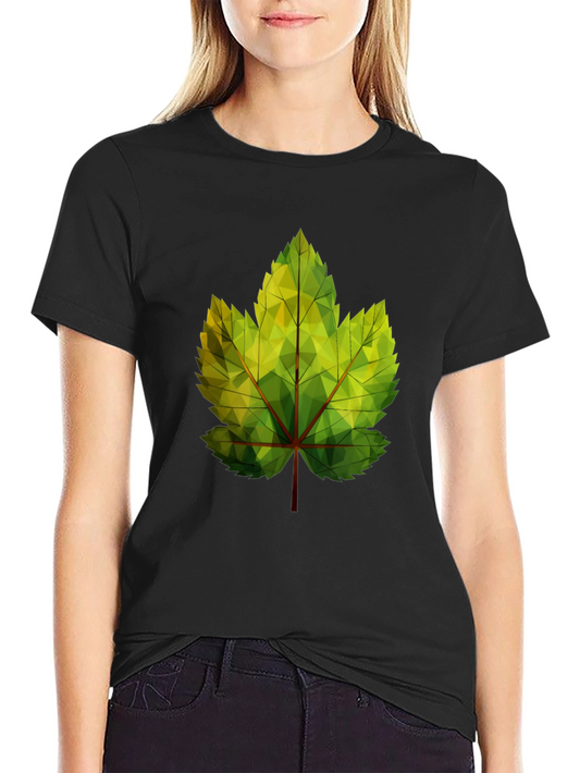 Geometric Leaf Print Black T-Shirt