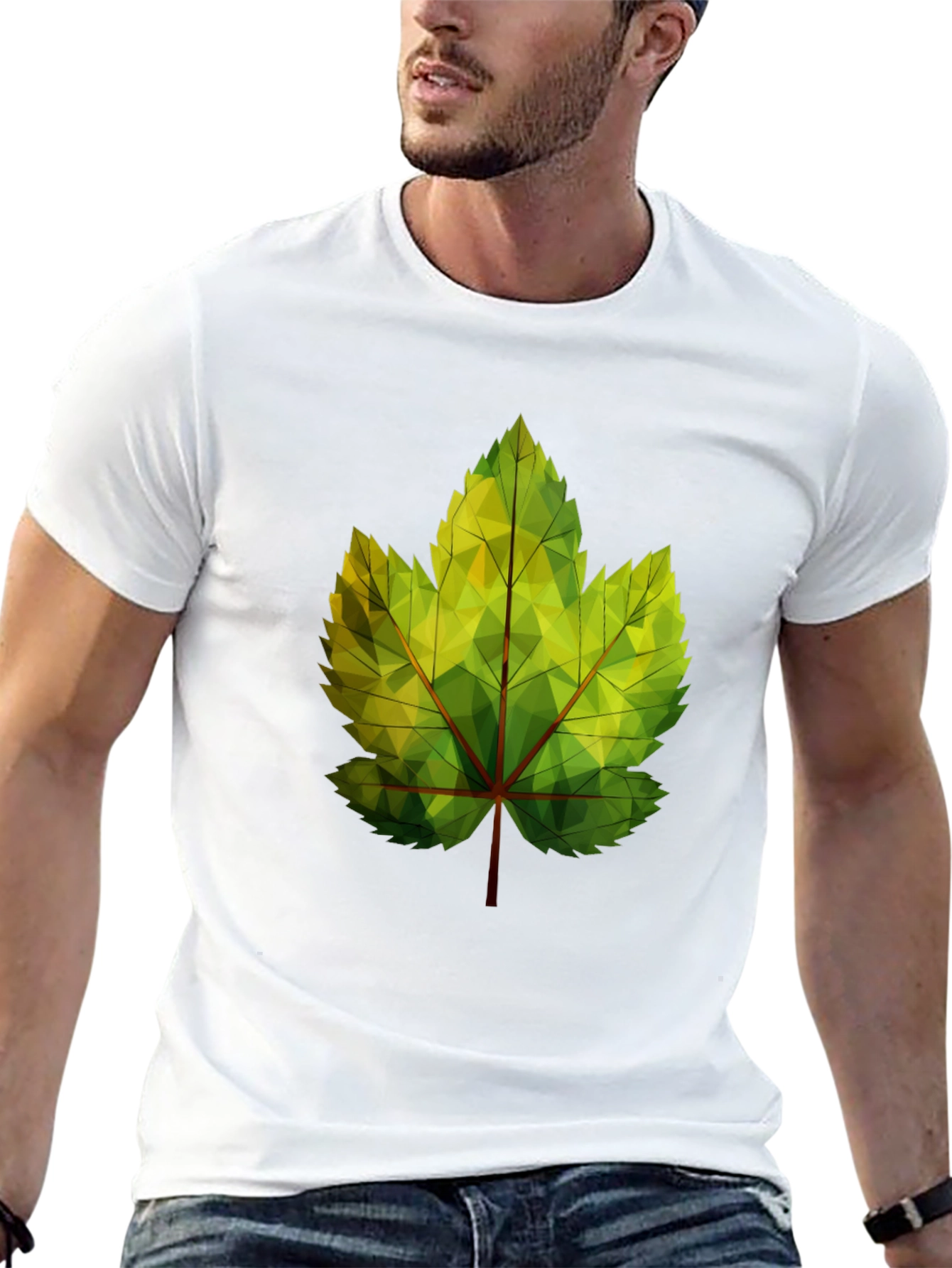 Geometric Leaf Print Black T-Shirt