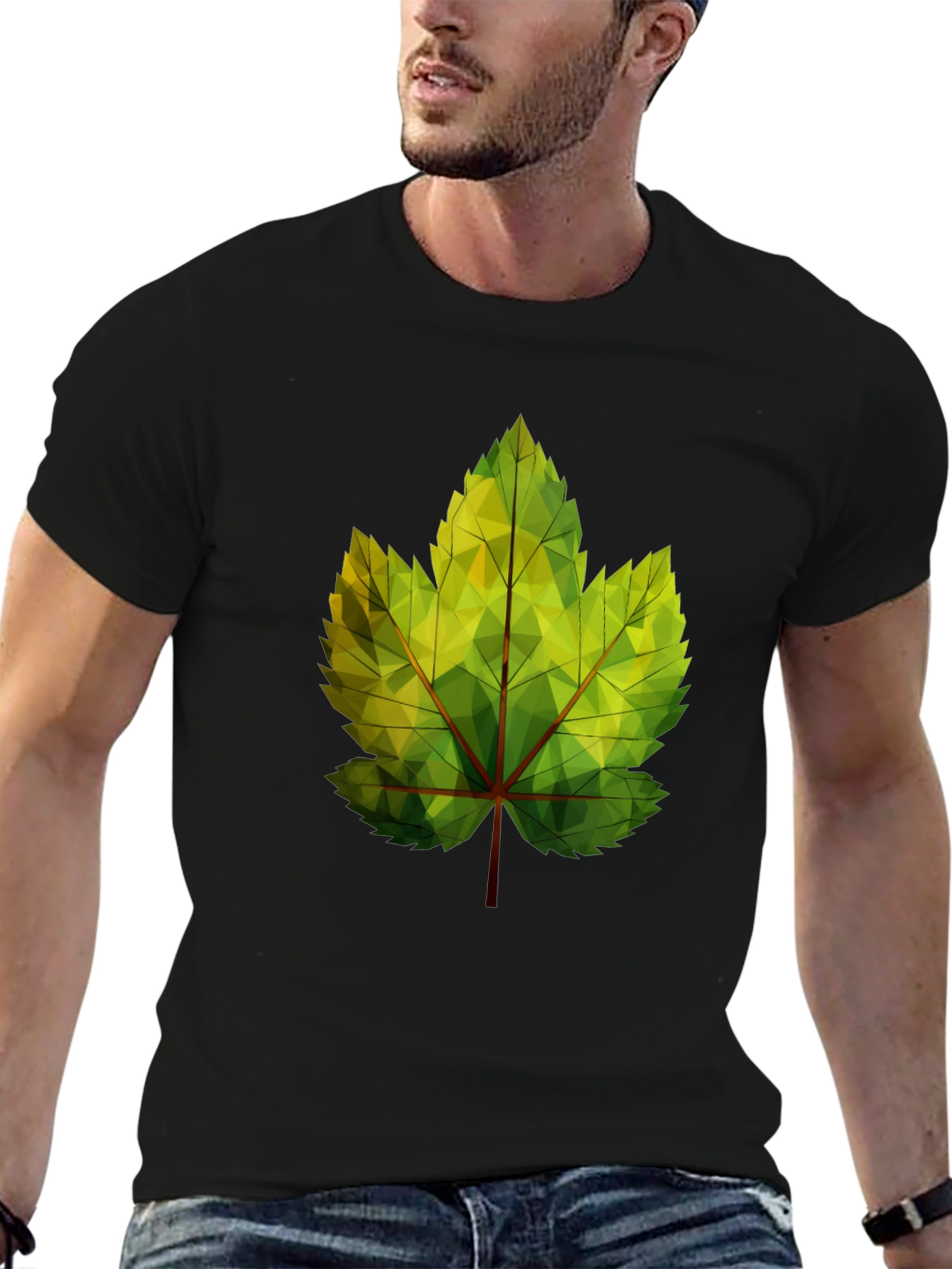 Geometric Leaf Print Black T-Shirt