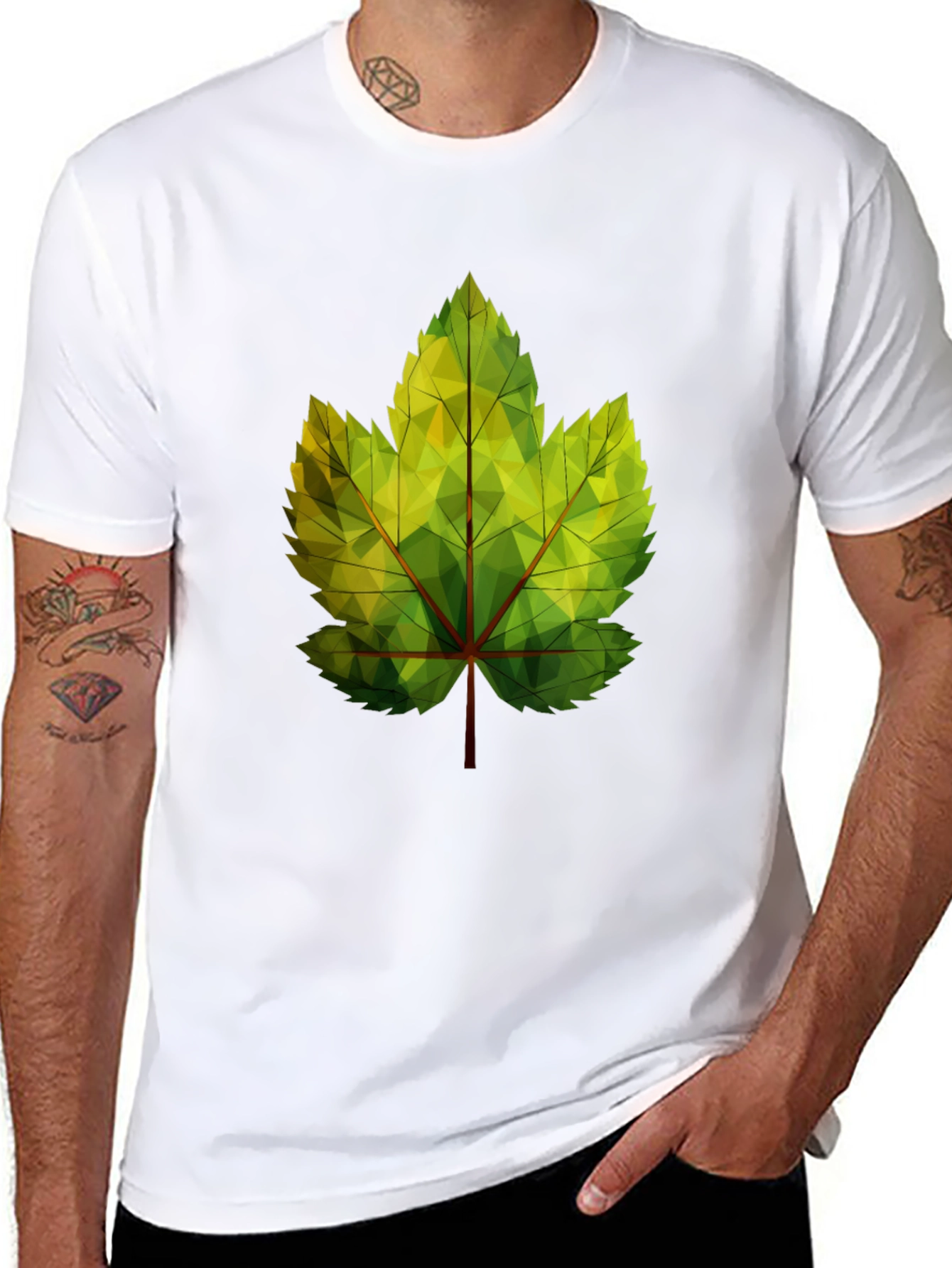 Geometric Leaf Print Black T-Shirt