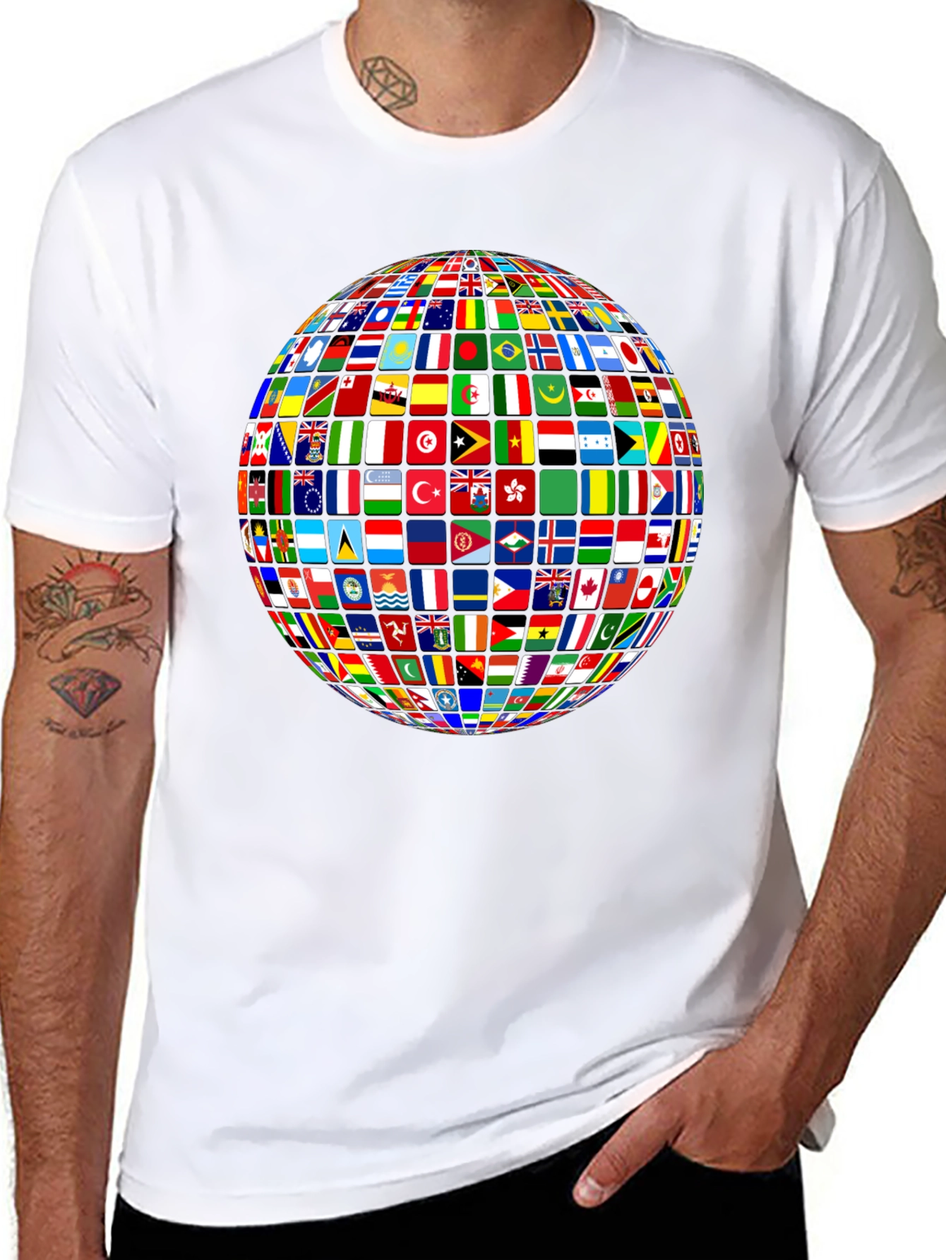 Global Flags Graphic Tee - Black Crew Neck T-Shirt