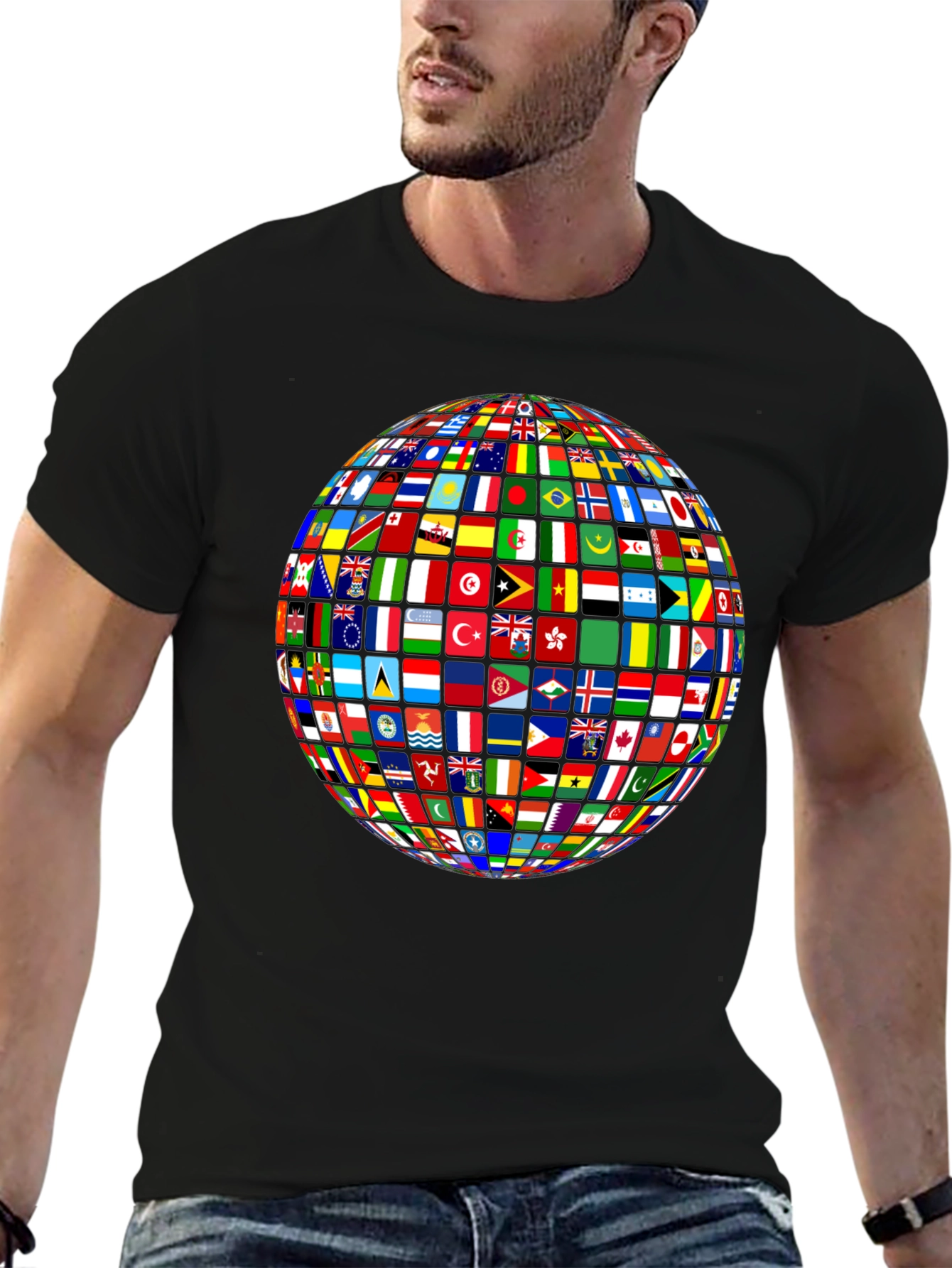 Global Flags Graphic Tee - Black Crew Neck T-Shirt