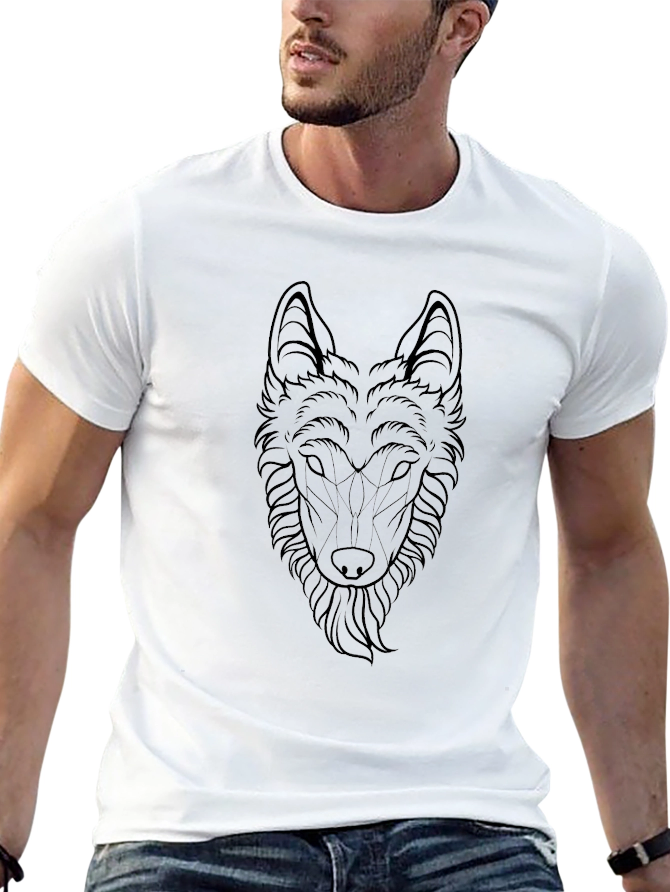 Geometric Wolf Head Graphic Tee - Black