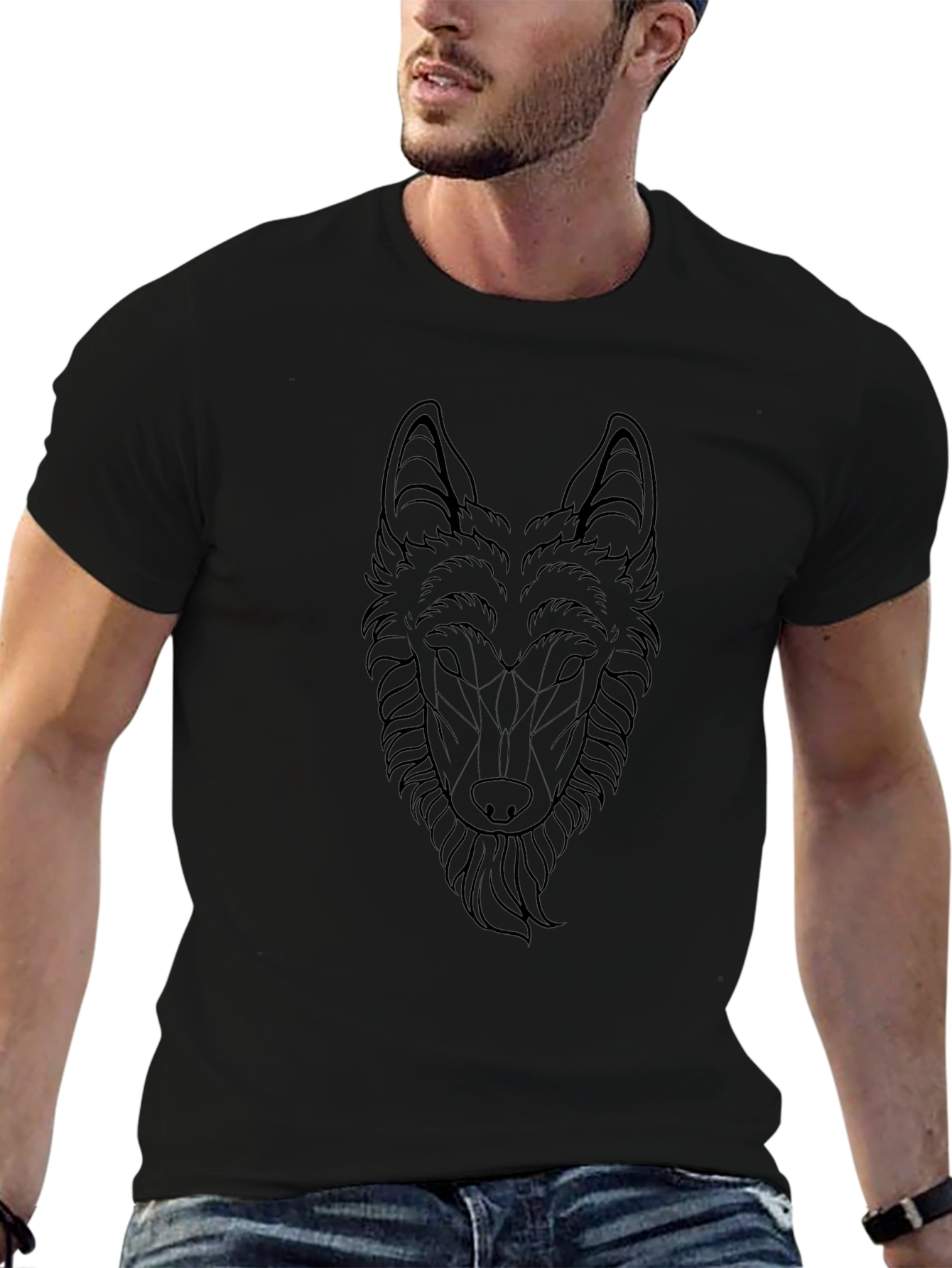 Geometric Wolf Head Graphic Tee - Black