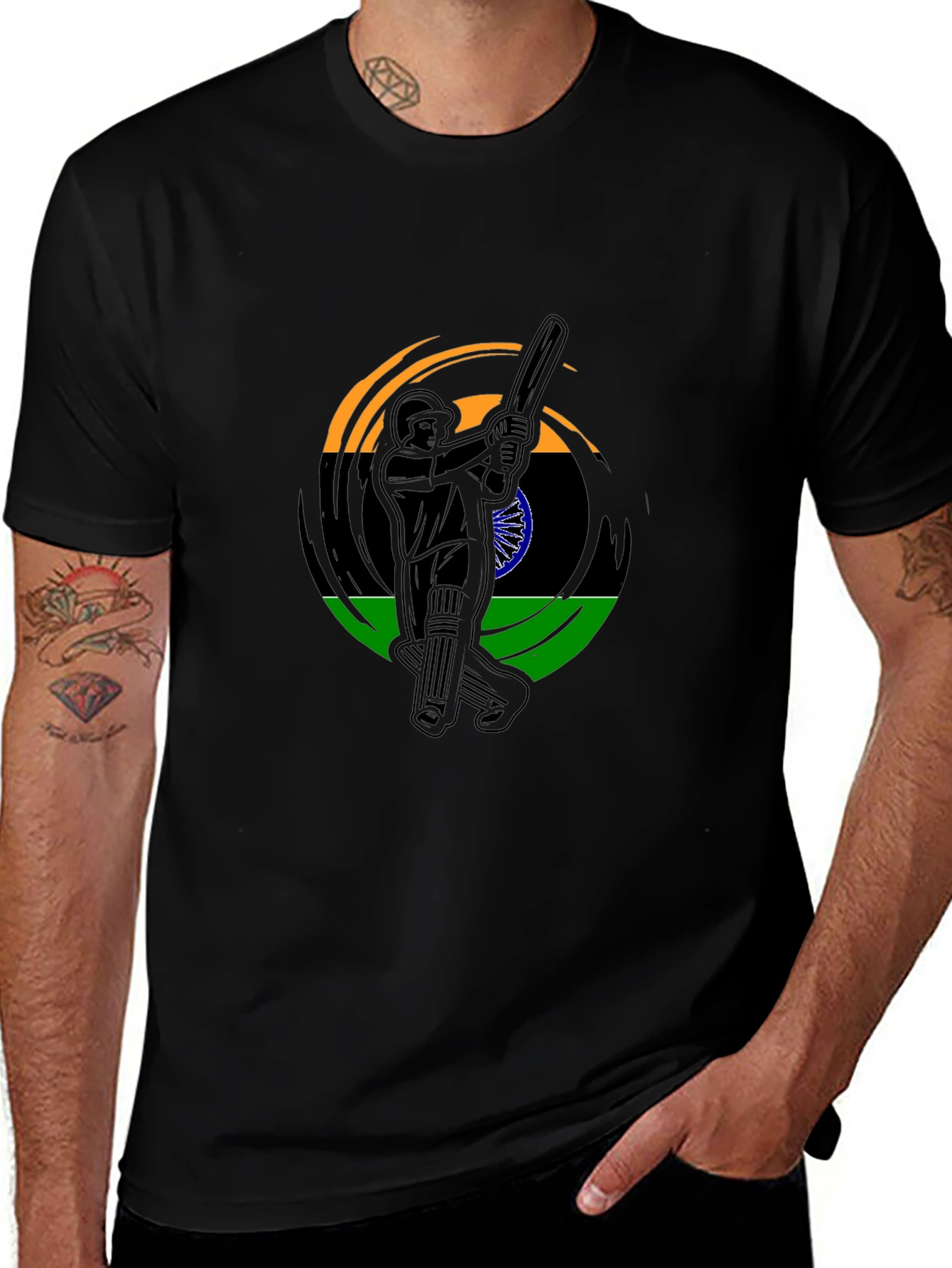 Cricket Player India Flag Graphic Black T-Shirt