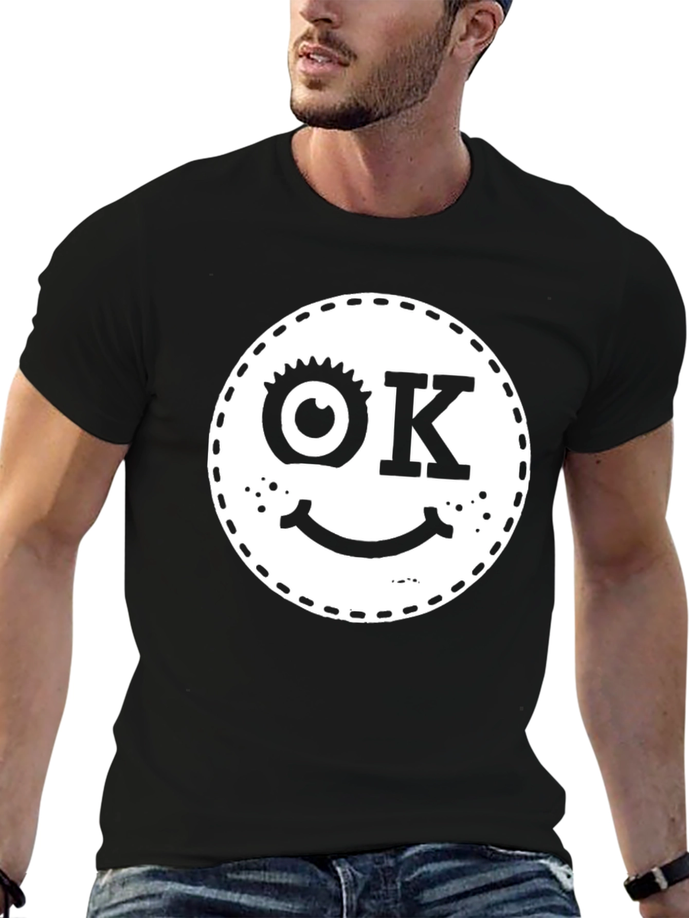 Funny OK Smiley Face Graphic Black T-Shirt