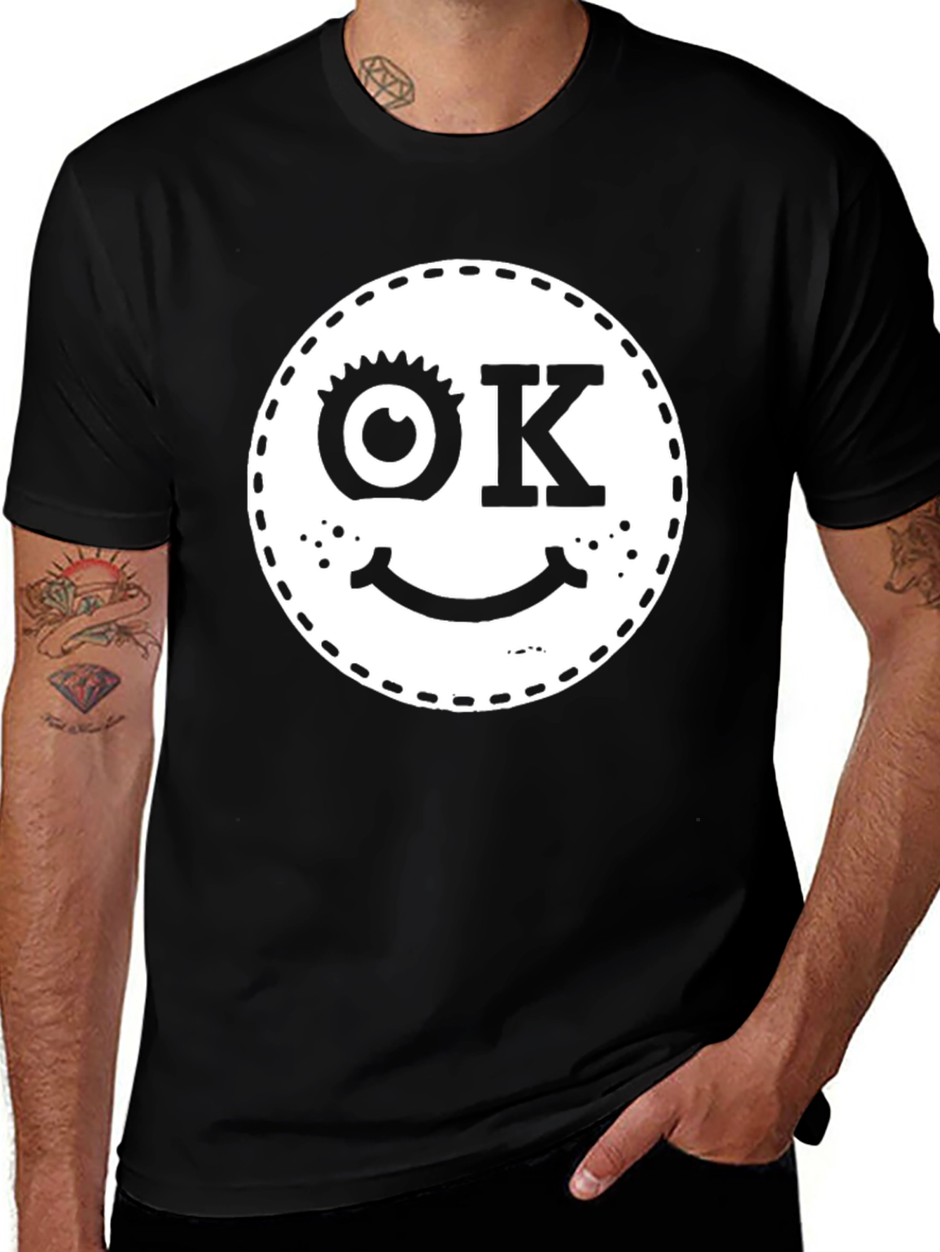 Funny OK Smiley Face Graphic Black T-Shirt