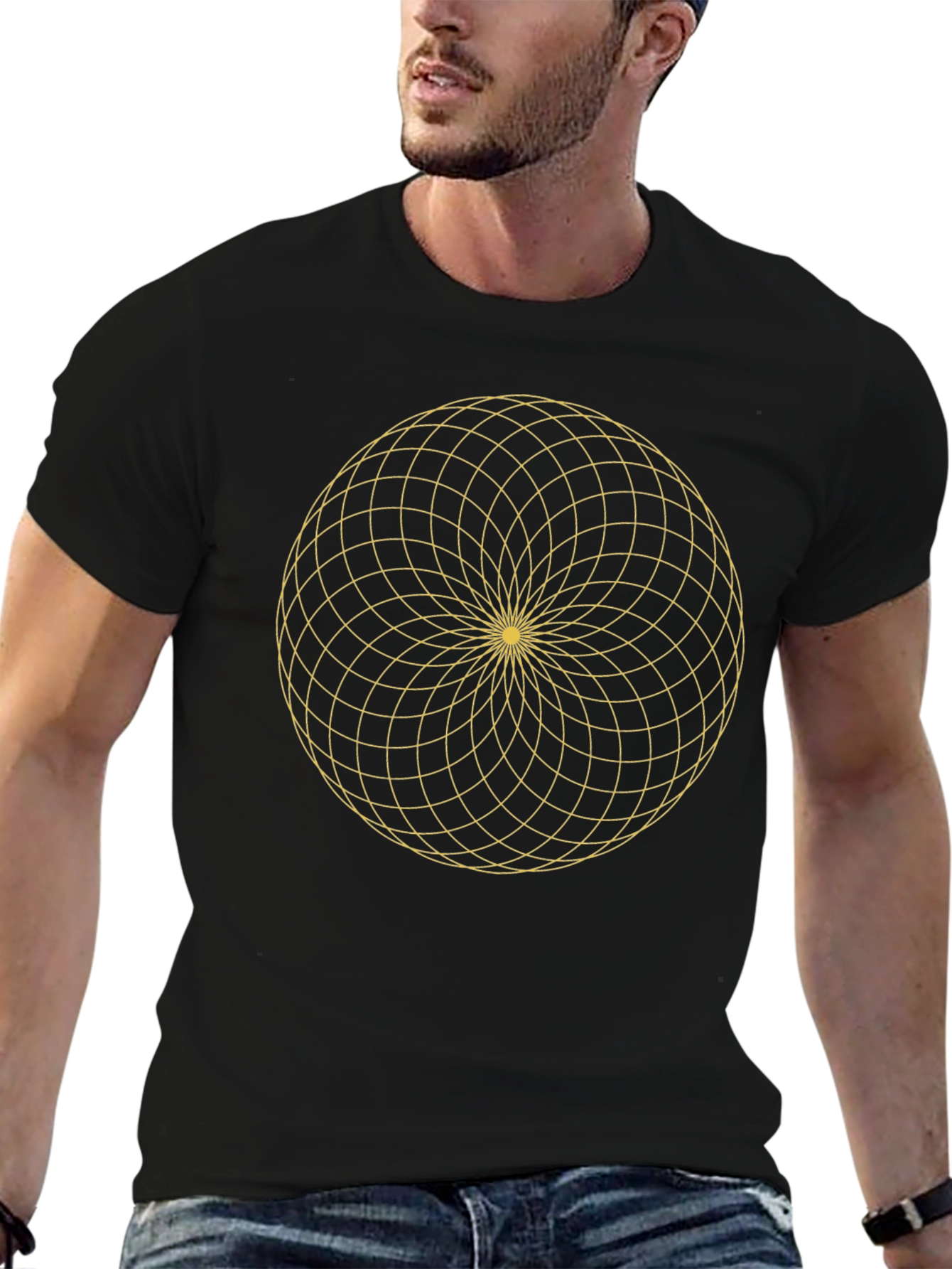 Geometric Gold Pattern Black T-Shirt