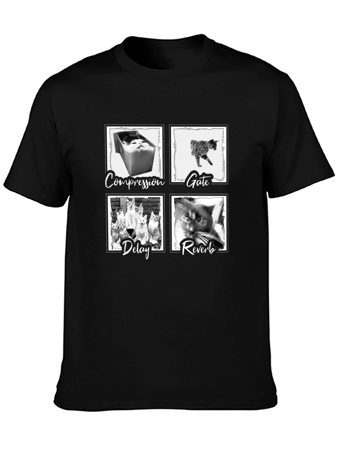 Compression Gate Delay Reverb Cat Black T-Shirt