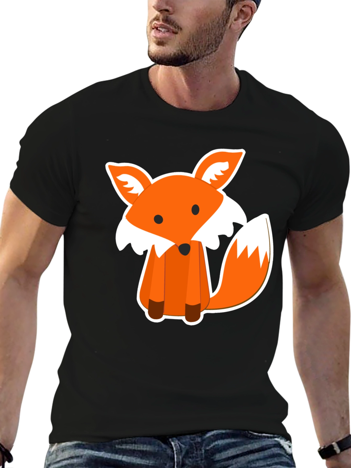 Cute Fox Graphic Print Black T-Shirt