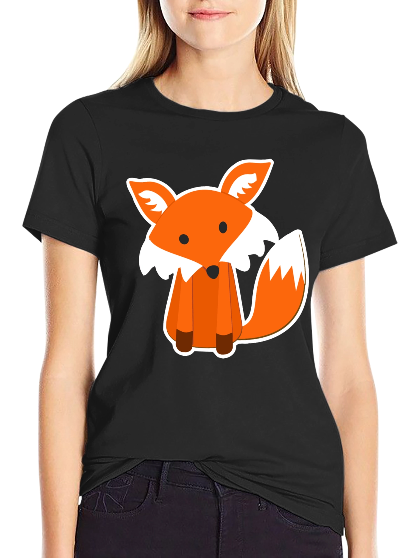 Cute Fox Graphic Print Black T-Shirt