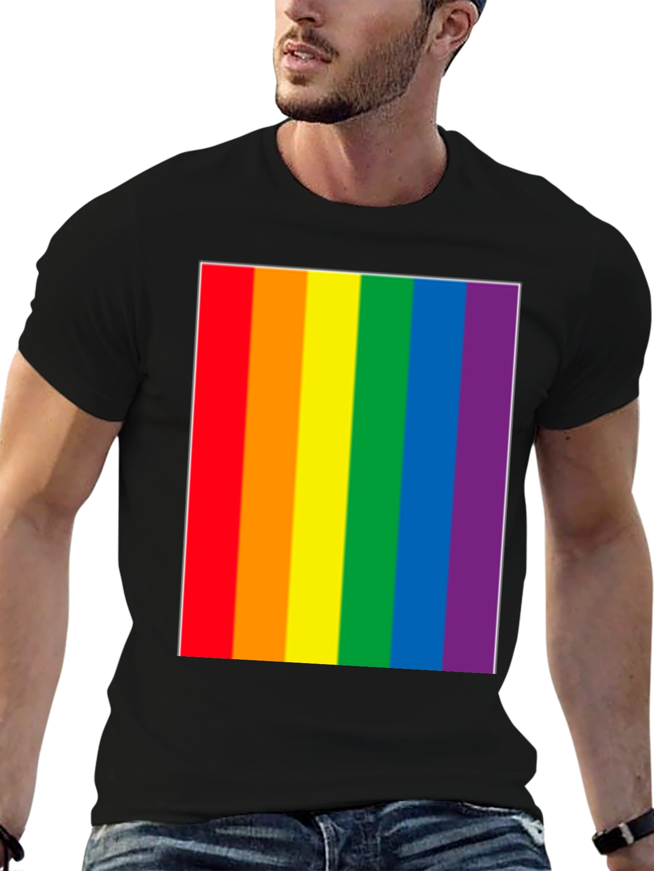Pride Rainbow Stripe Graphic Tee - Black Cotton Blend