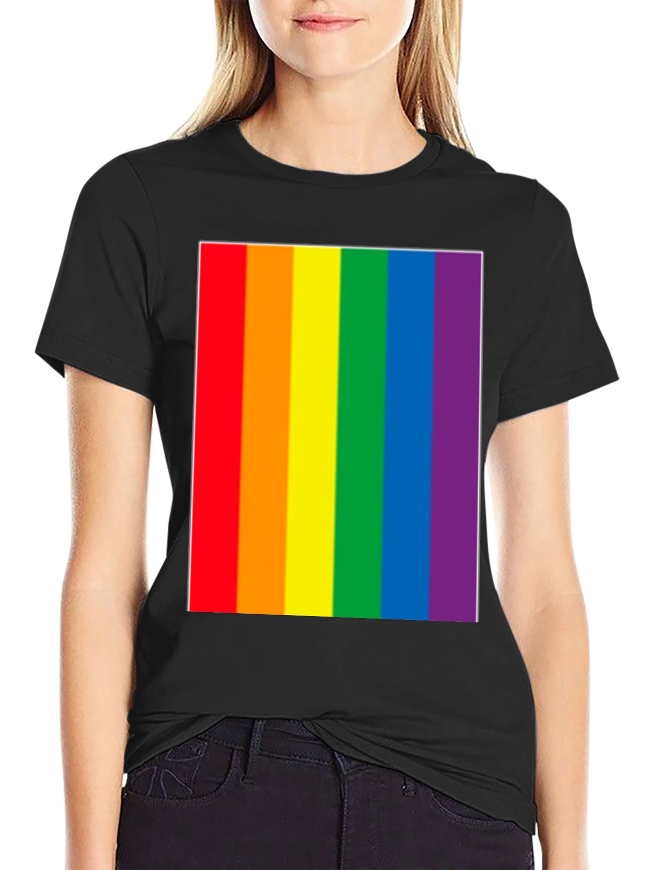 Pride Rainbow Stripe Graphic Tee - Black Cotton Blend