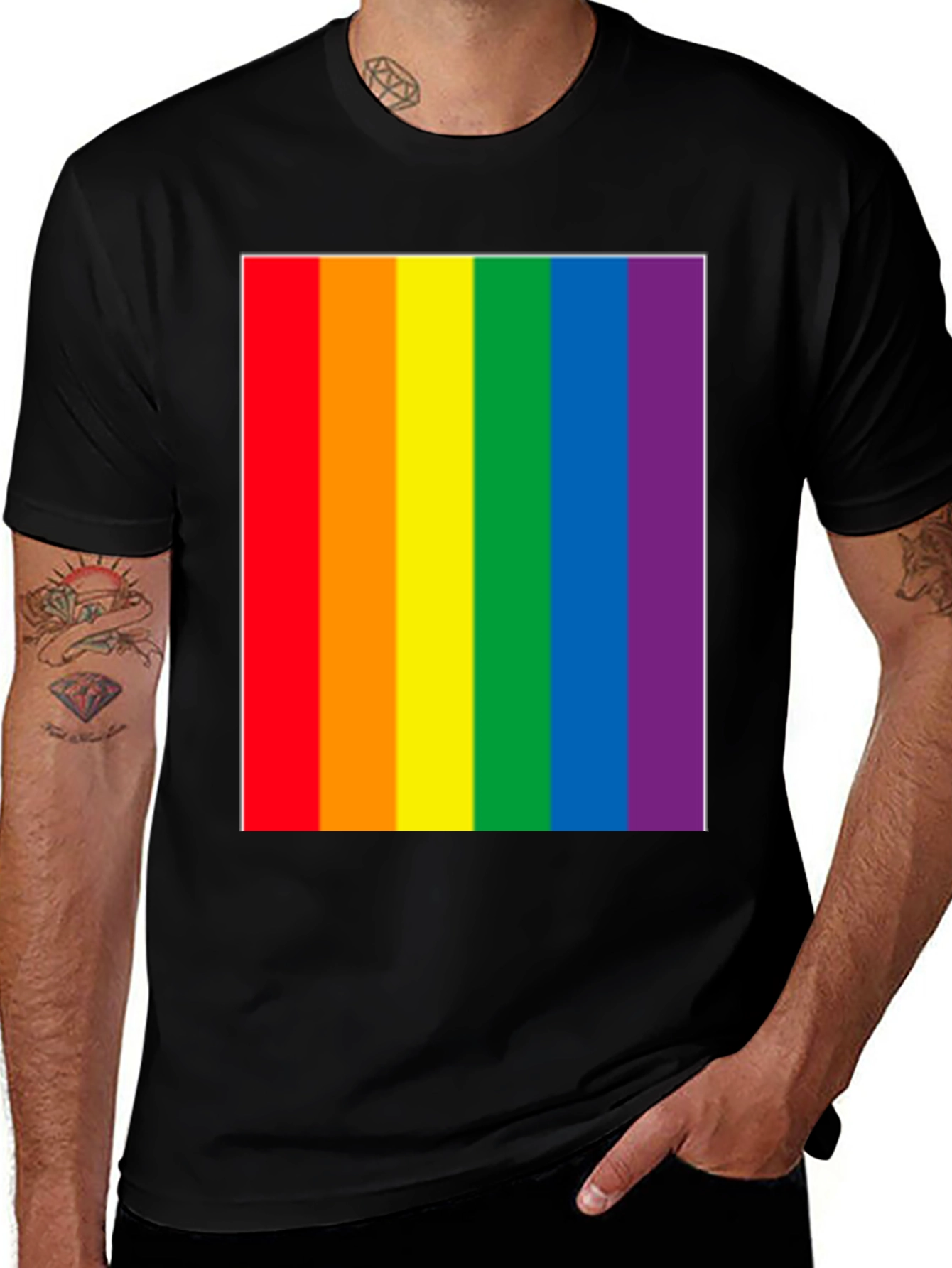 Pride Rainbow Stripe Graphic Tee - Black Cotton Blend