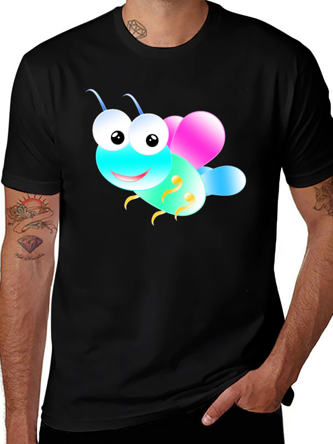 Cute Cartoon Insect Graphic Tee - Black Unisex T-Shirt