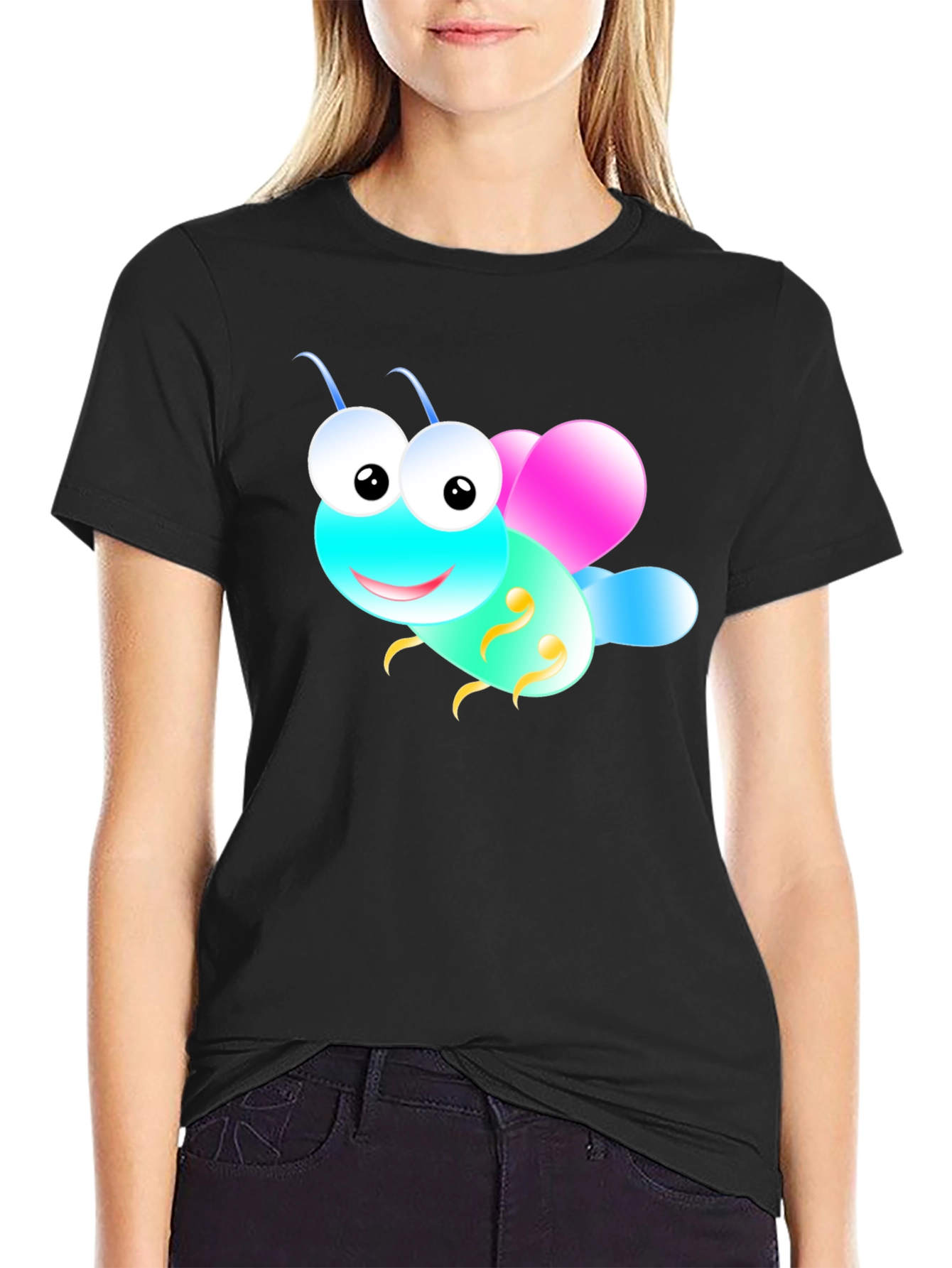 Cute Cartoon Insect Graphic Tee - Black Unisex T-Shirt