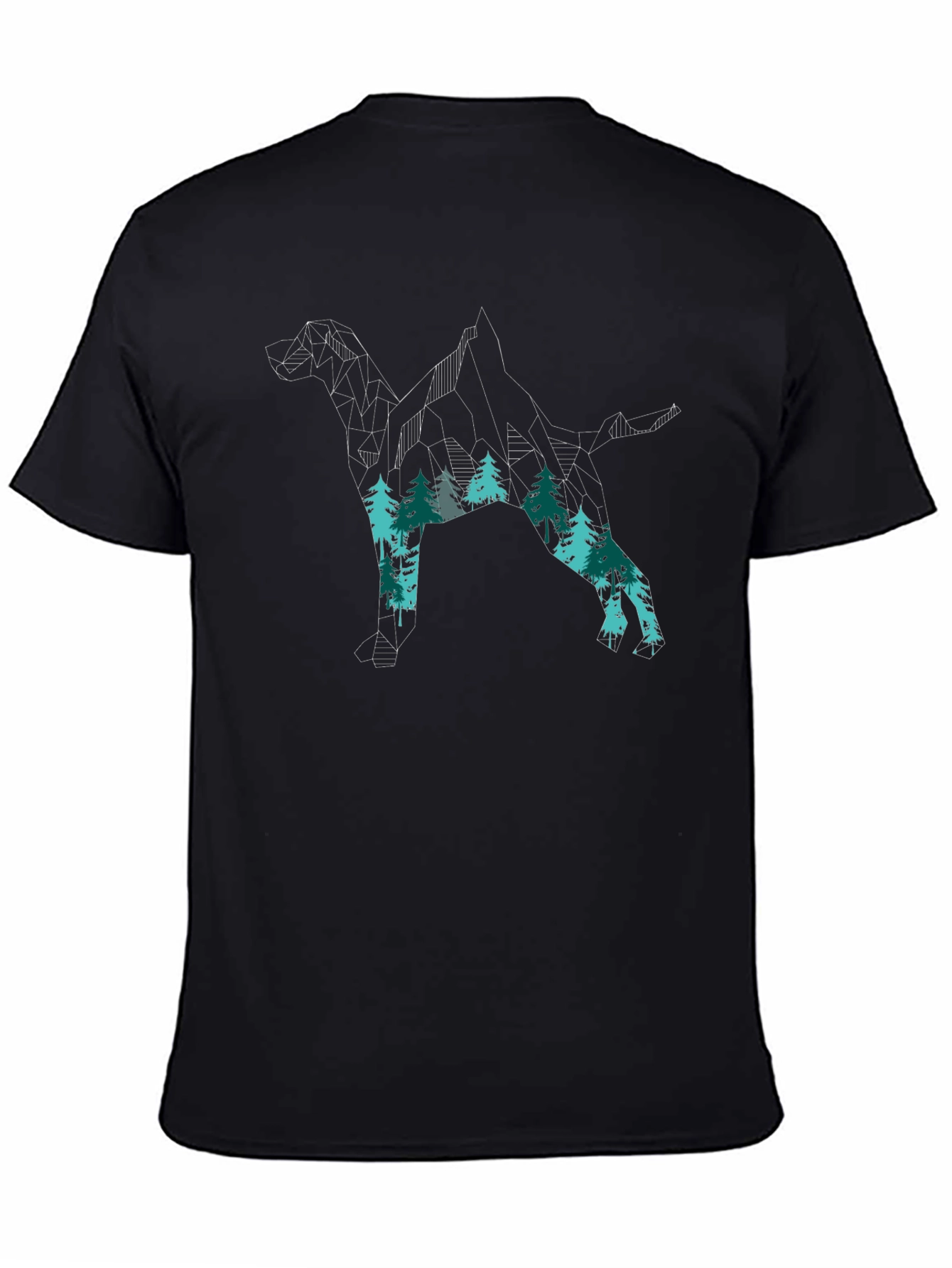Geometric Dog & Forest Print Black T-Shirt