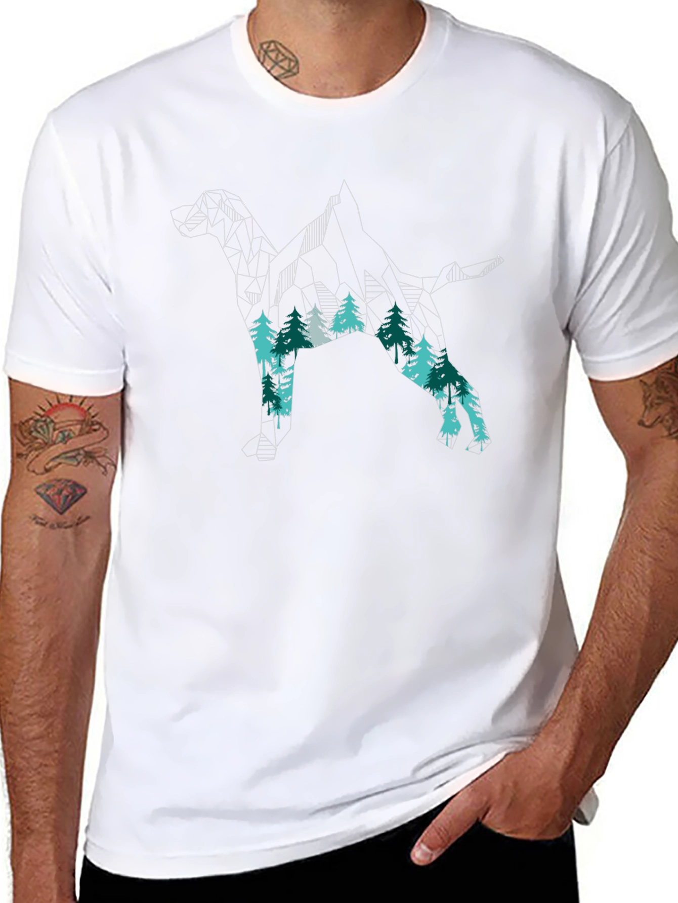 Geometric Dog & Forest Print Black T-Shirt
