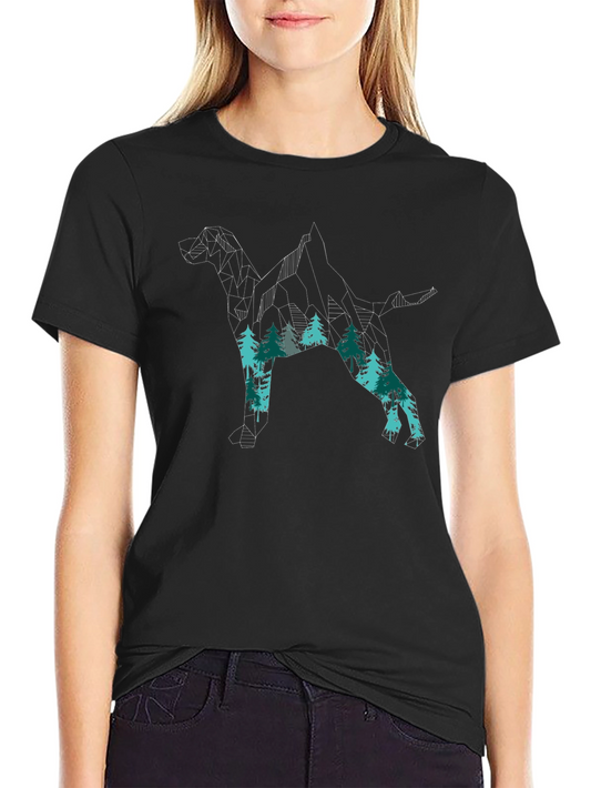 Geometric Dog & Forest Print Black T-Shirt