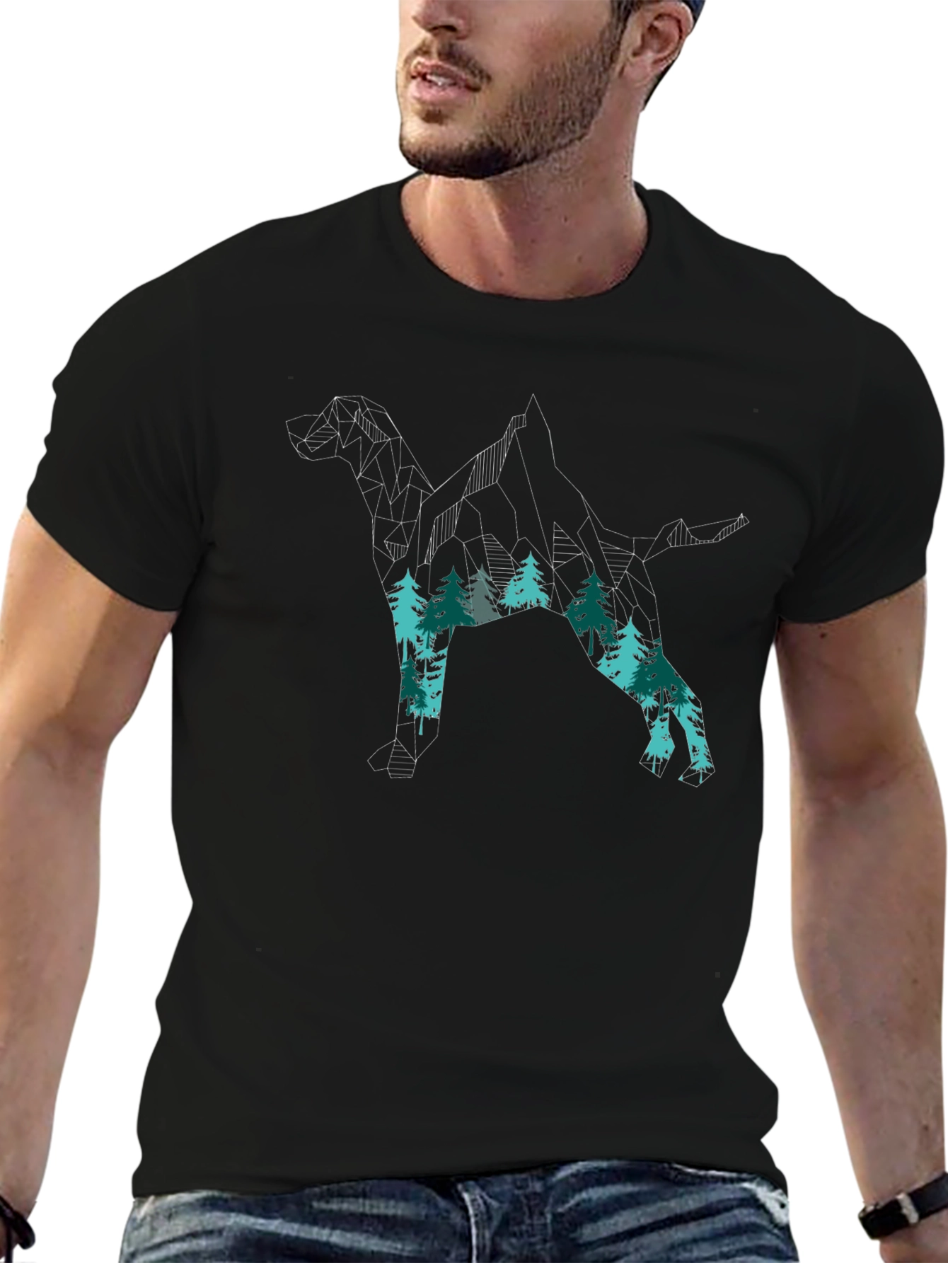 Geometric Dog & Forest Print Black T-Shirt