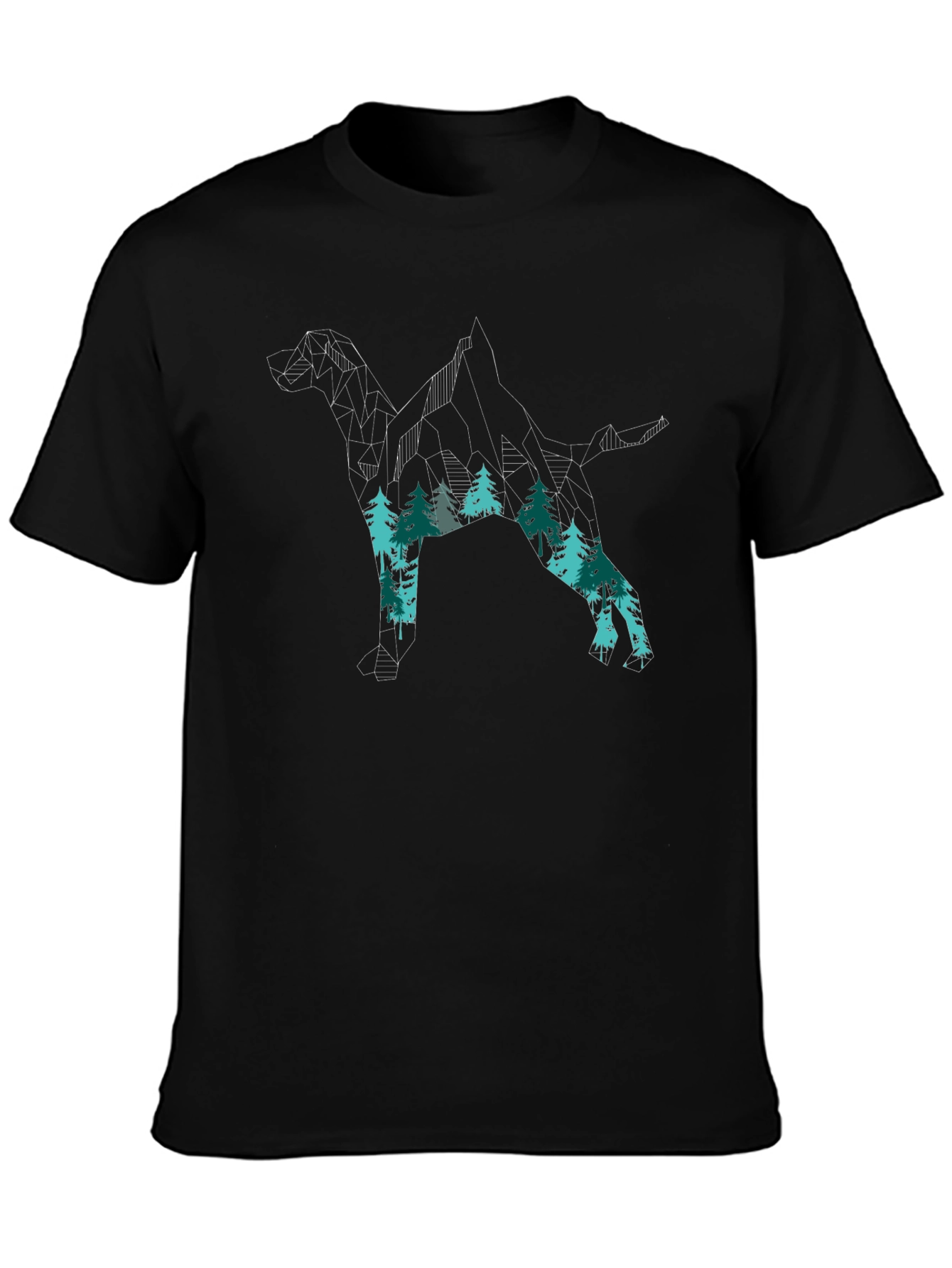 Geometric Dog & Forest Print Black T-Shirt