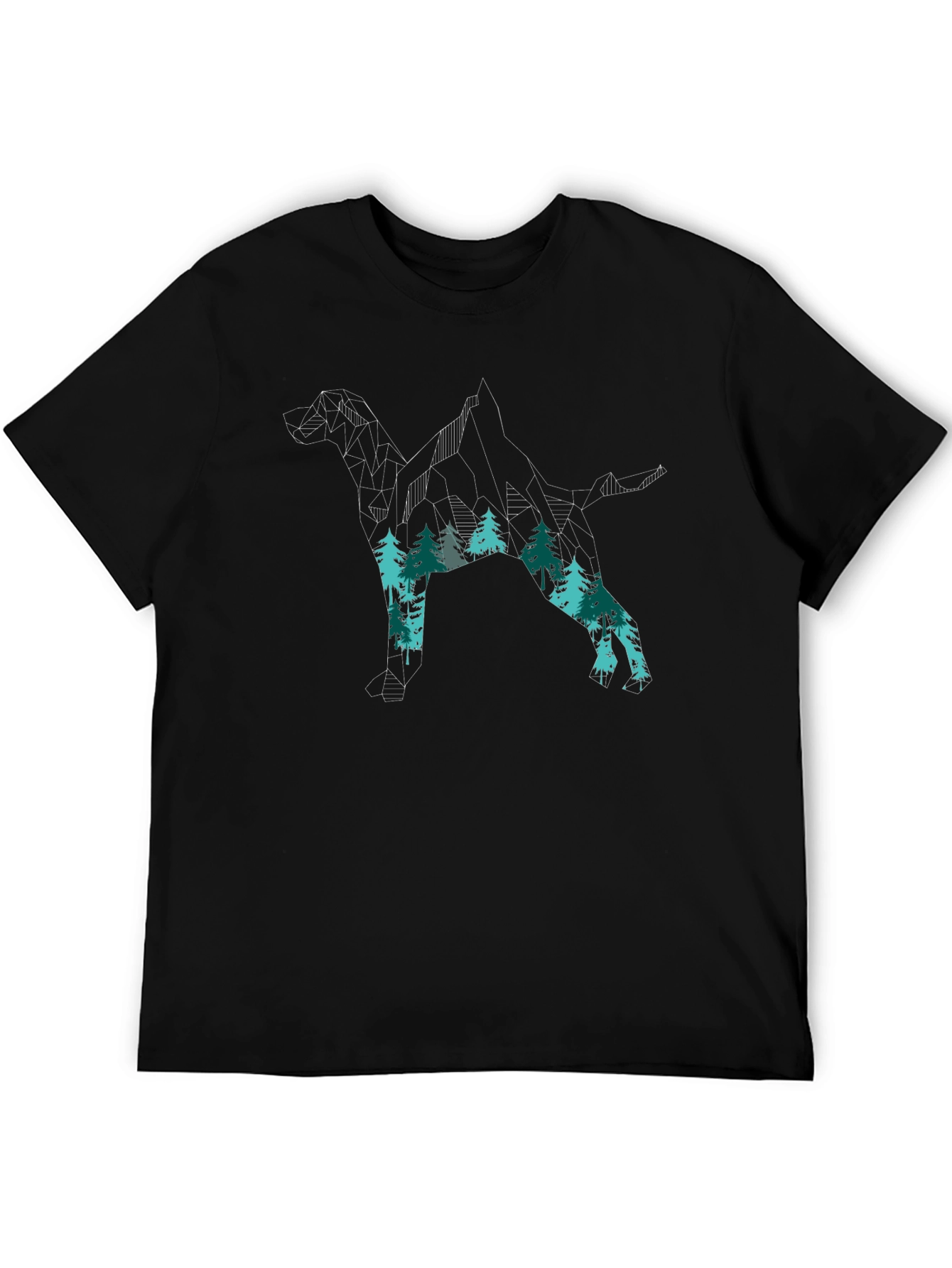 Geometric Dog & Forest Print Black T-Shirt
