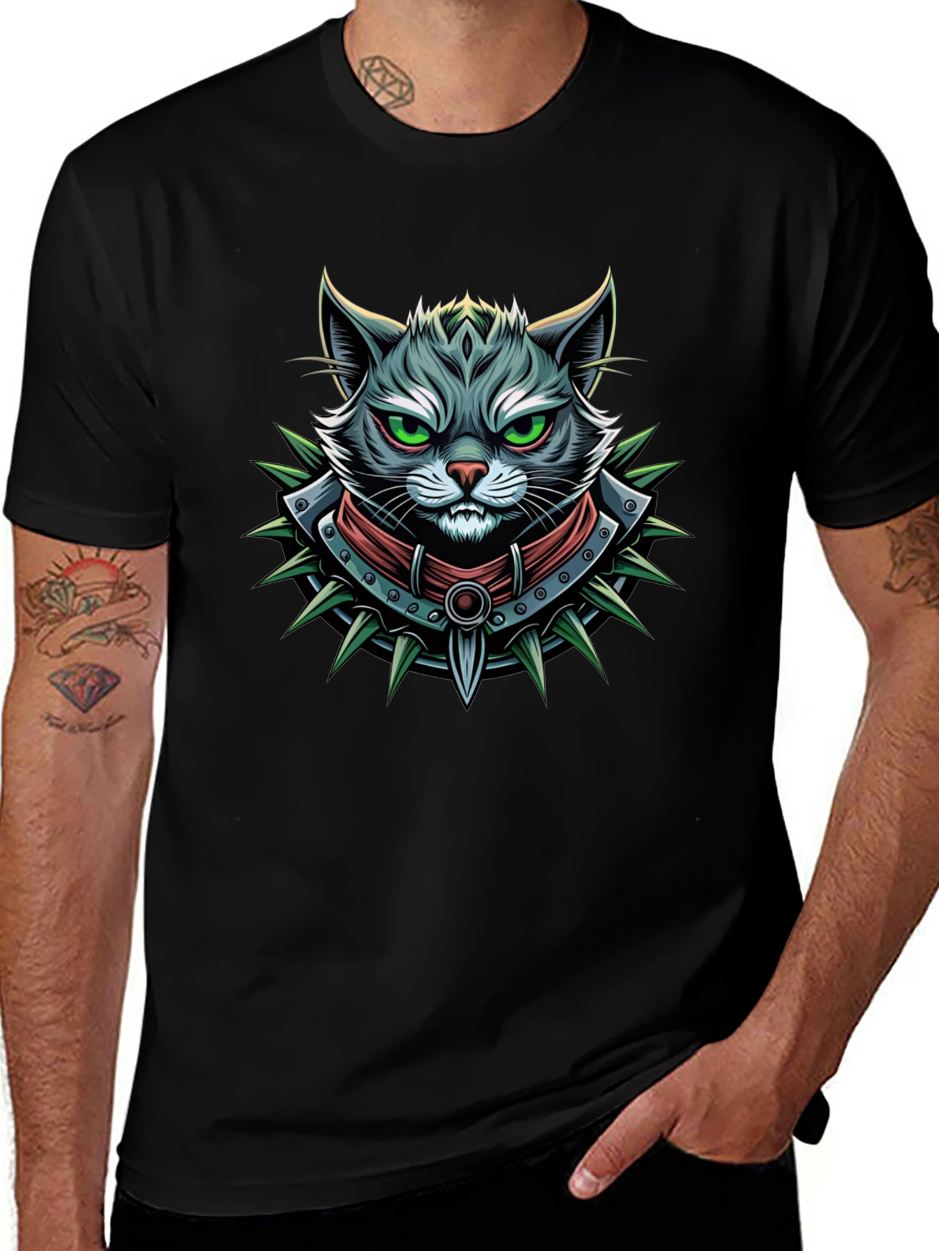 Edgy Cat Graphic Tee - Spiked Collar Design