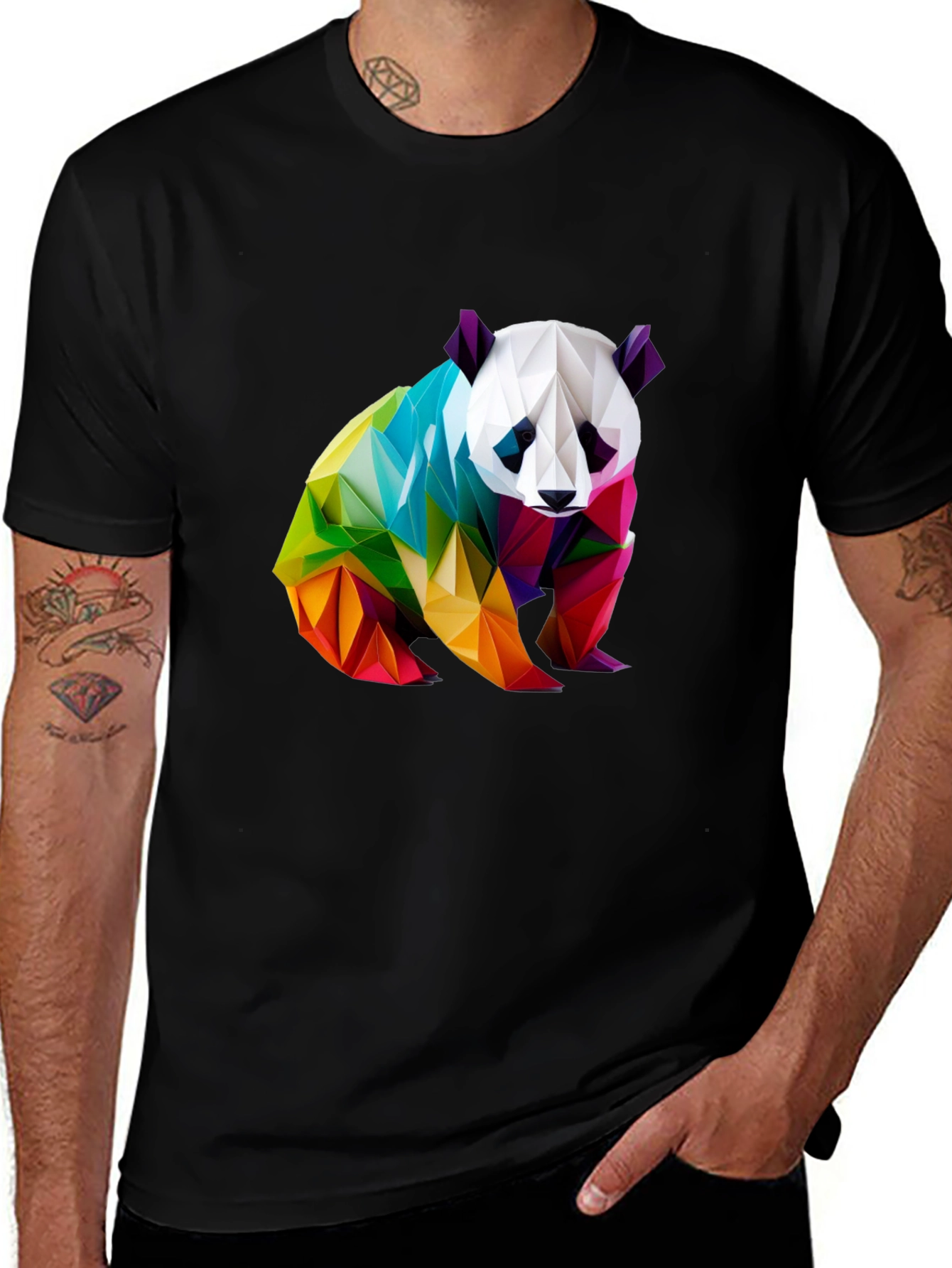 Geometric Panda Graphic Tee - Black Crew Neck