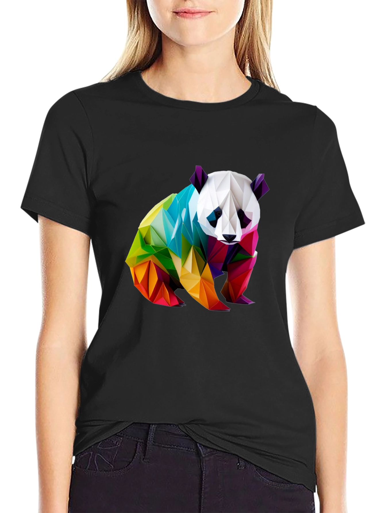 Geometric Panda Graphic Tee - Black Crew Neck