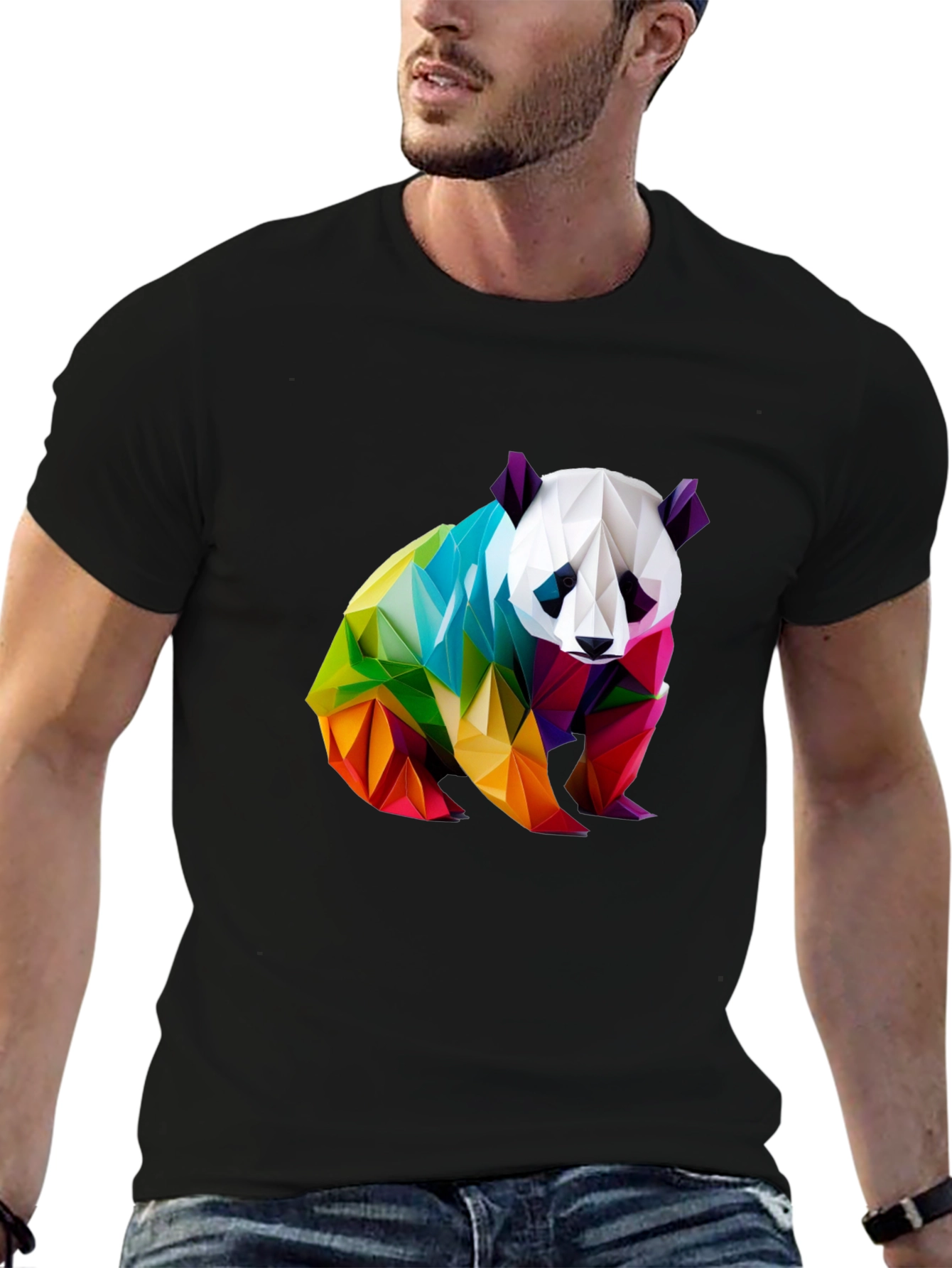 Geometric Panda Graphic Tee - Black Crew Neck