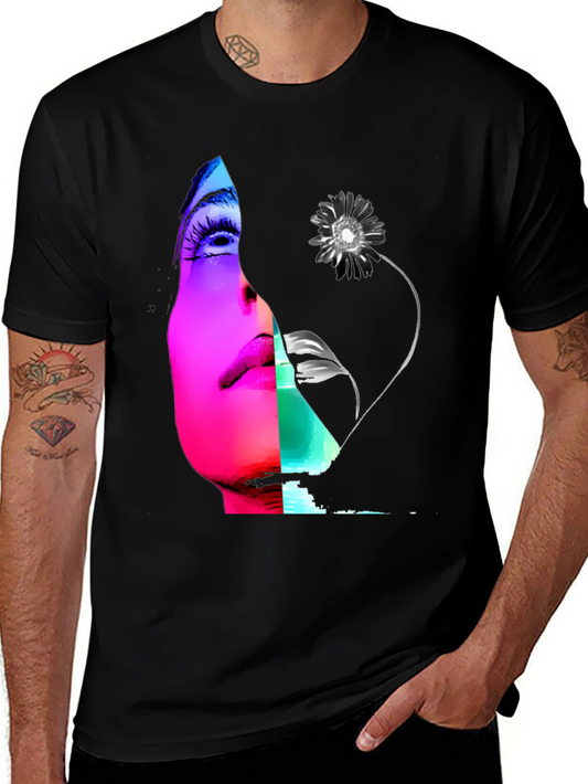 Abstract Face & Flower Graphic Black T-Shirt