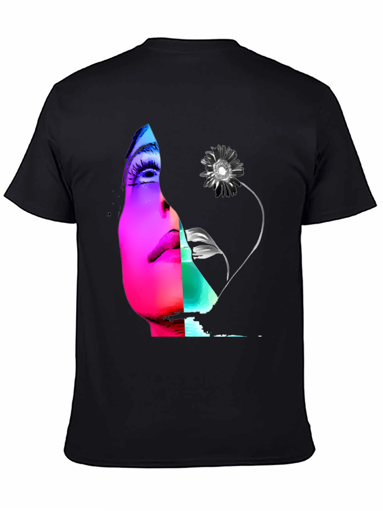 Abstract Face & Flower Graphic Black T-Shirt
