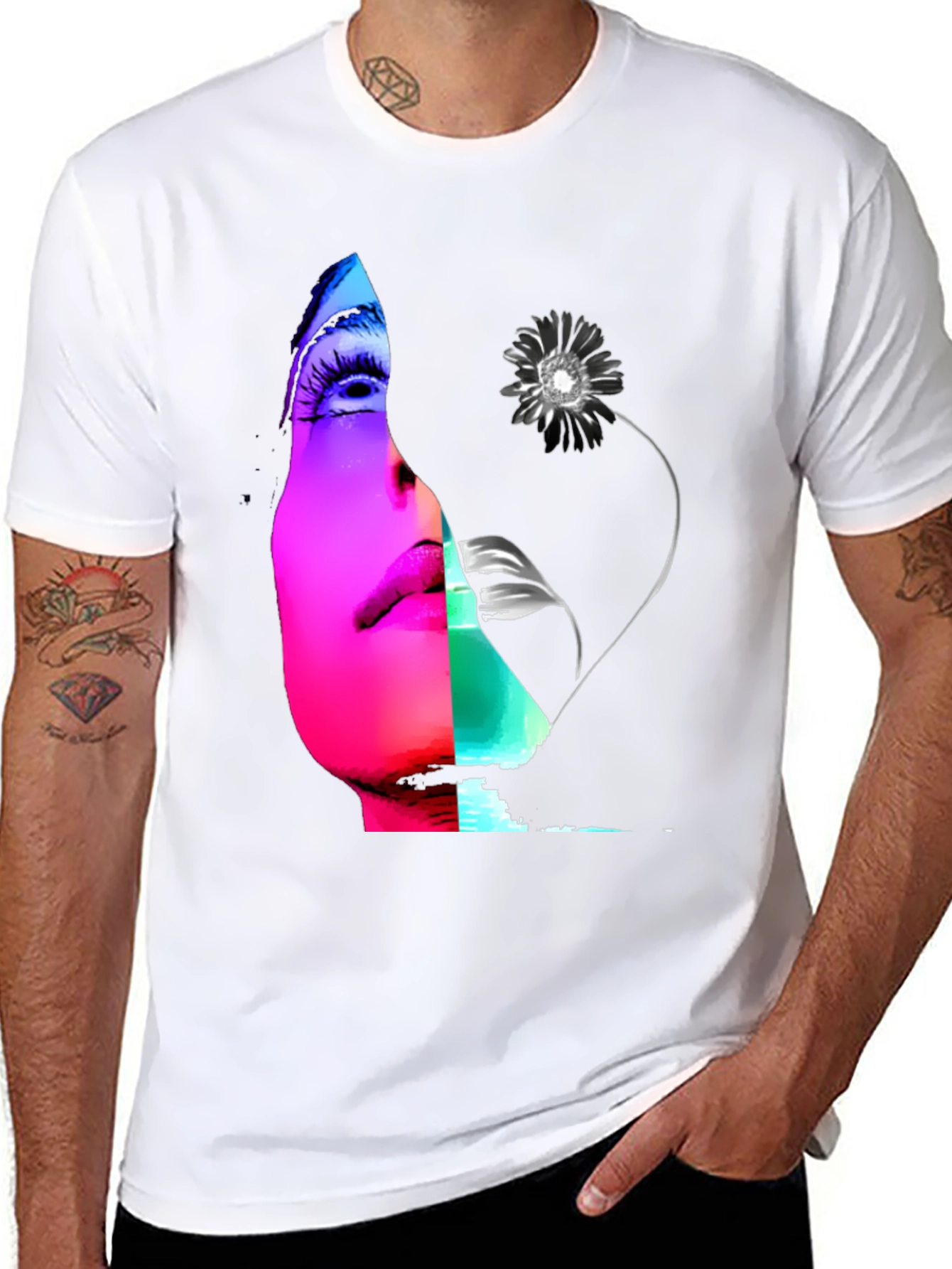 Abstract Face & Flower Graphic Black T-Shirt