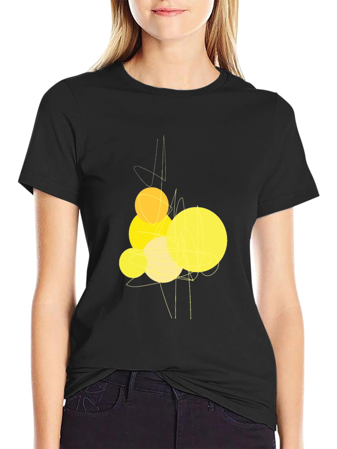 Abstract Yellow Circles Graphic Black T-Shirt