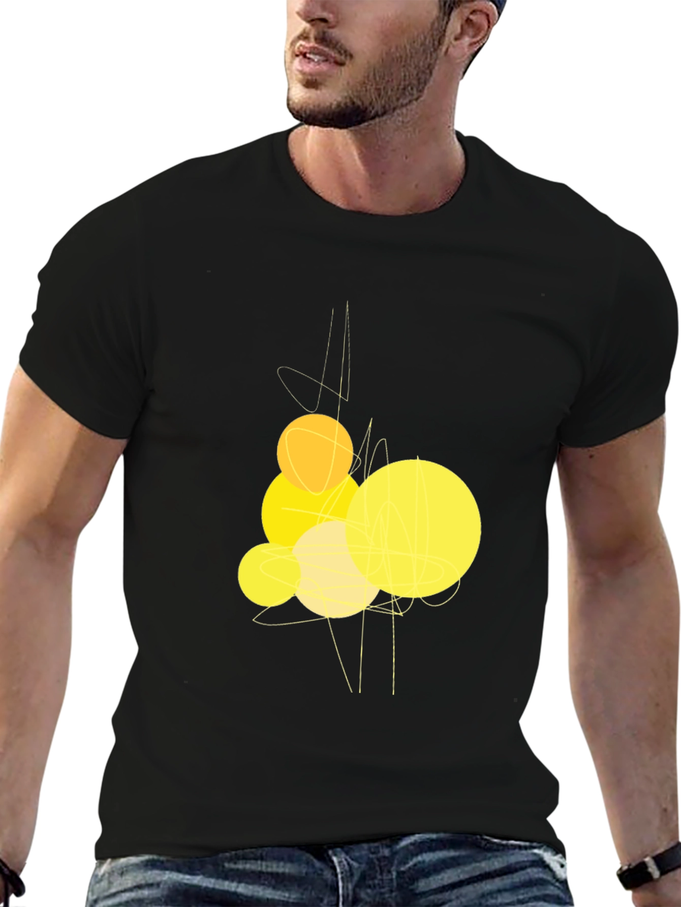 Abstract Yellow Circles Graphic Black T-Shirt