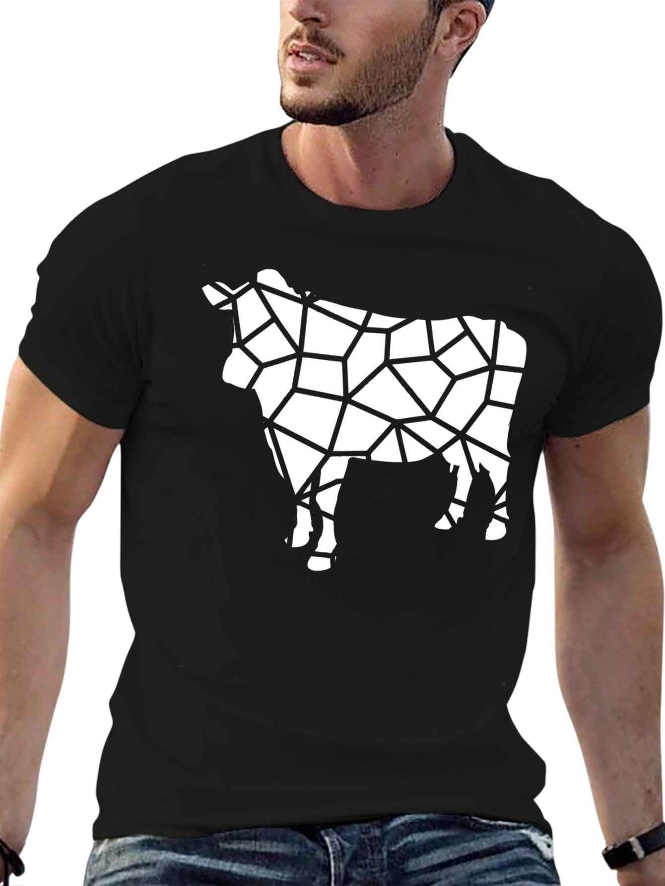 Geometric Cow Print Black T-Shirt